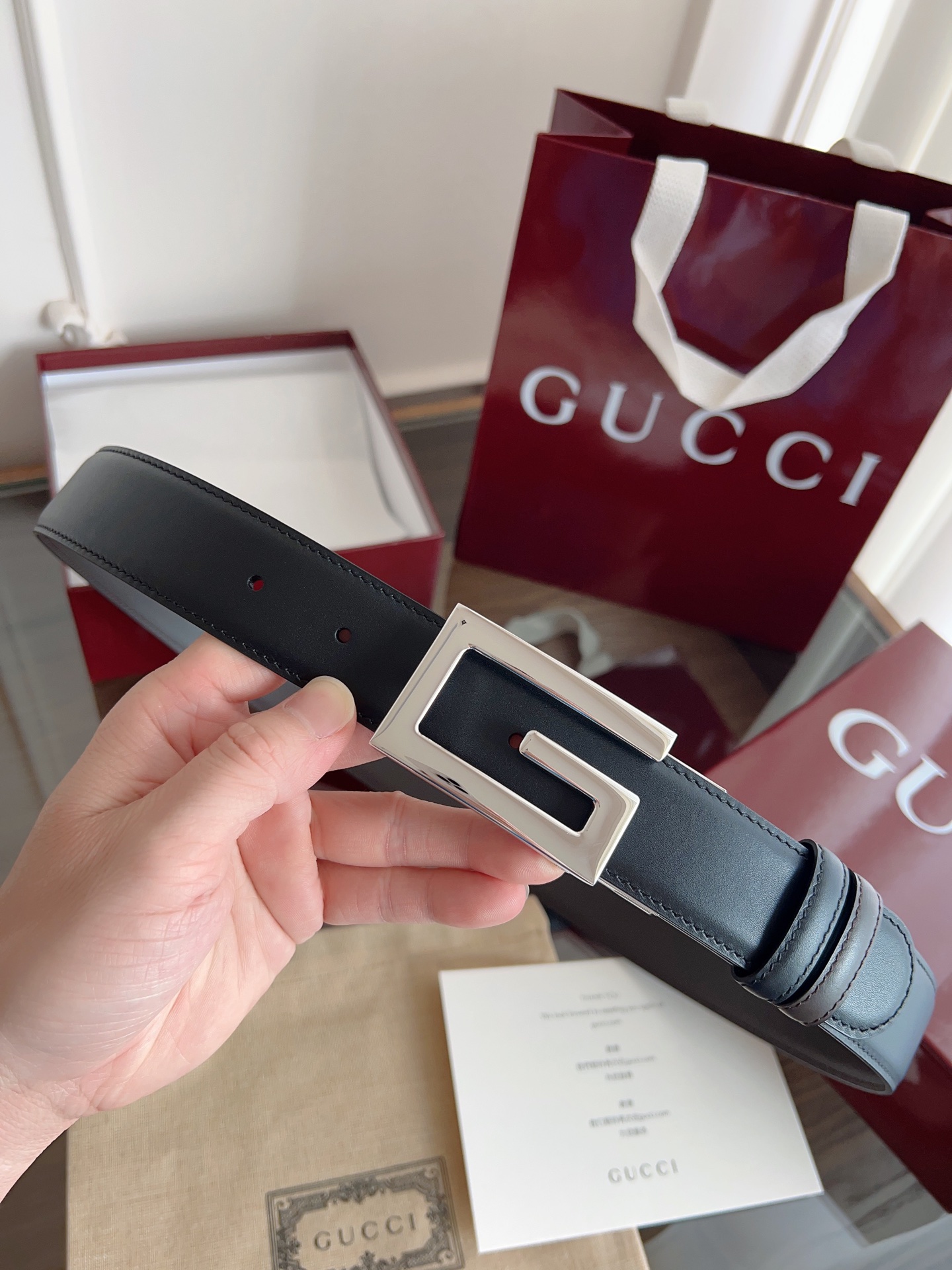Gucci Supreme PVC老花 黑猪皮纹底 宽度3.5cm 复古GG旋转扣[原单精品扣] 双面可用/可裁 P160 