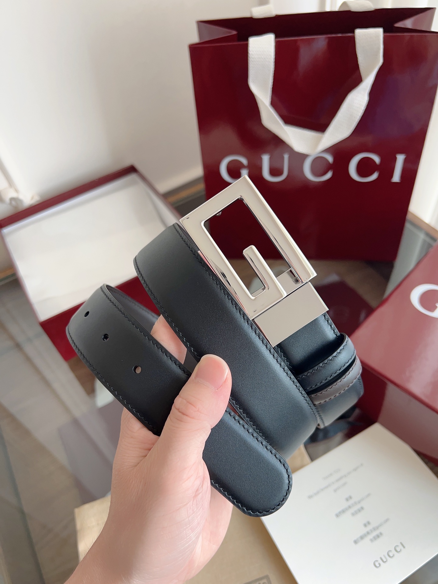 Gucci Supreme PVC老花 黑猪皮纹底 宽度3.5cm 复古GG旋转扣[原单精品扣] 双面可用/可裁 P160 