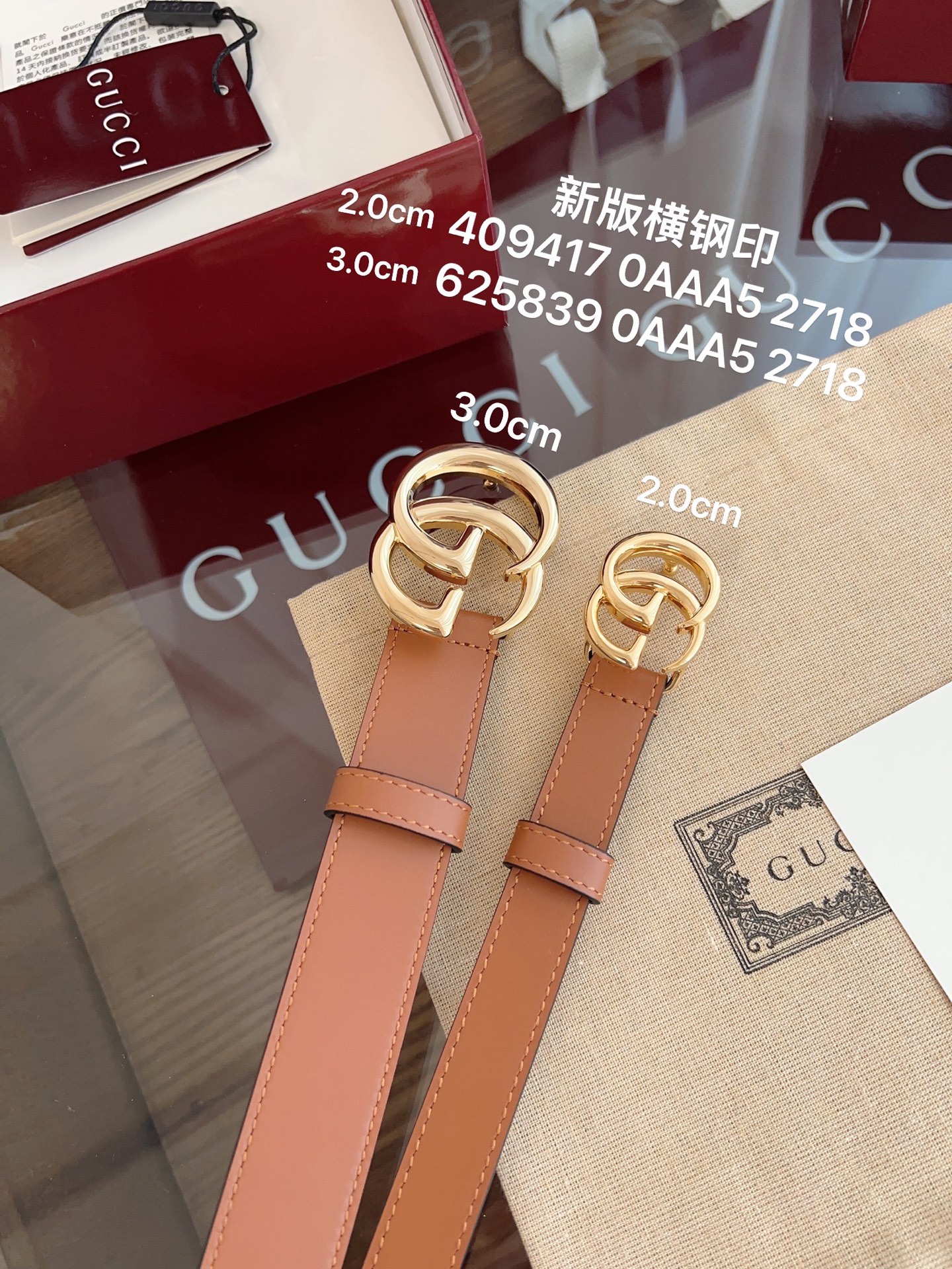  GUCCI 表面头层小牛皮 宽度3.0cm 专柜新版logo横标，原版进口南非皮底，精品双G铜扣  高