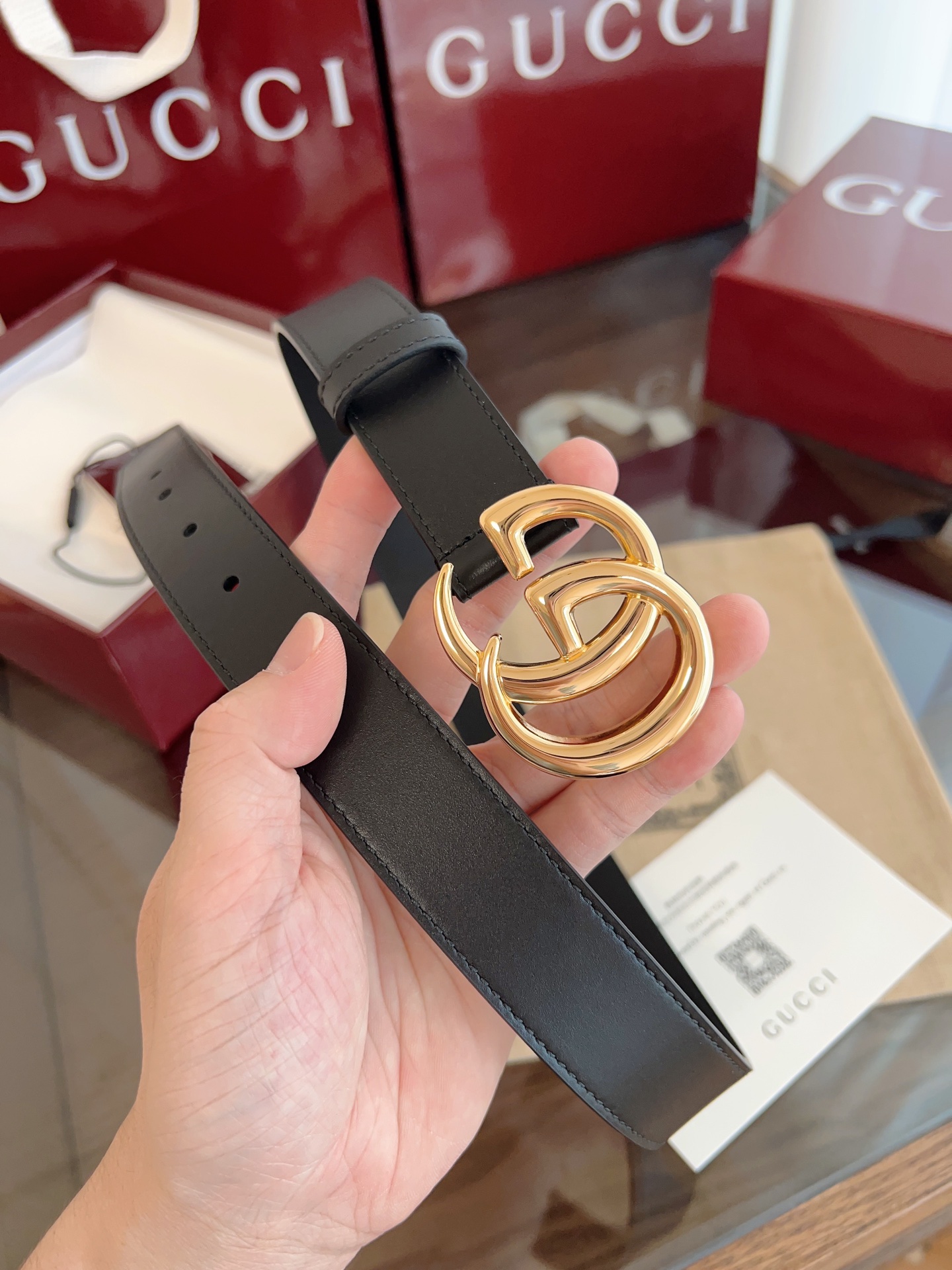  GUCCI 表面头层小牛皮 宽度3.0cm 专柜新版logo横标，原版进口南非皮底，精品双G铜扣  高