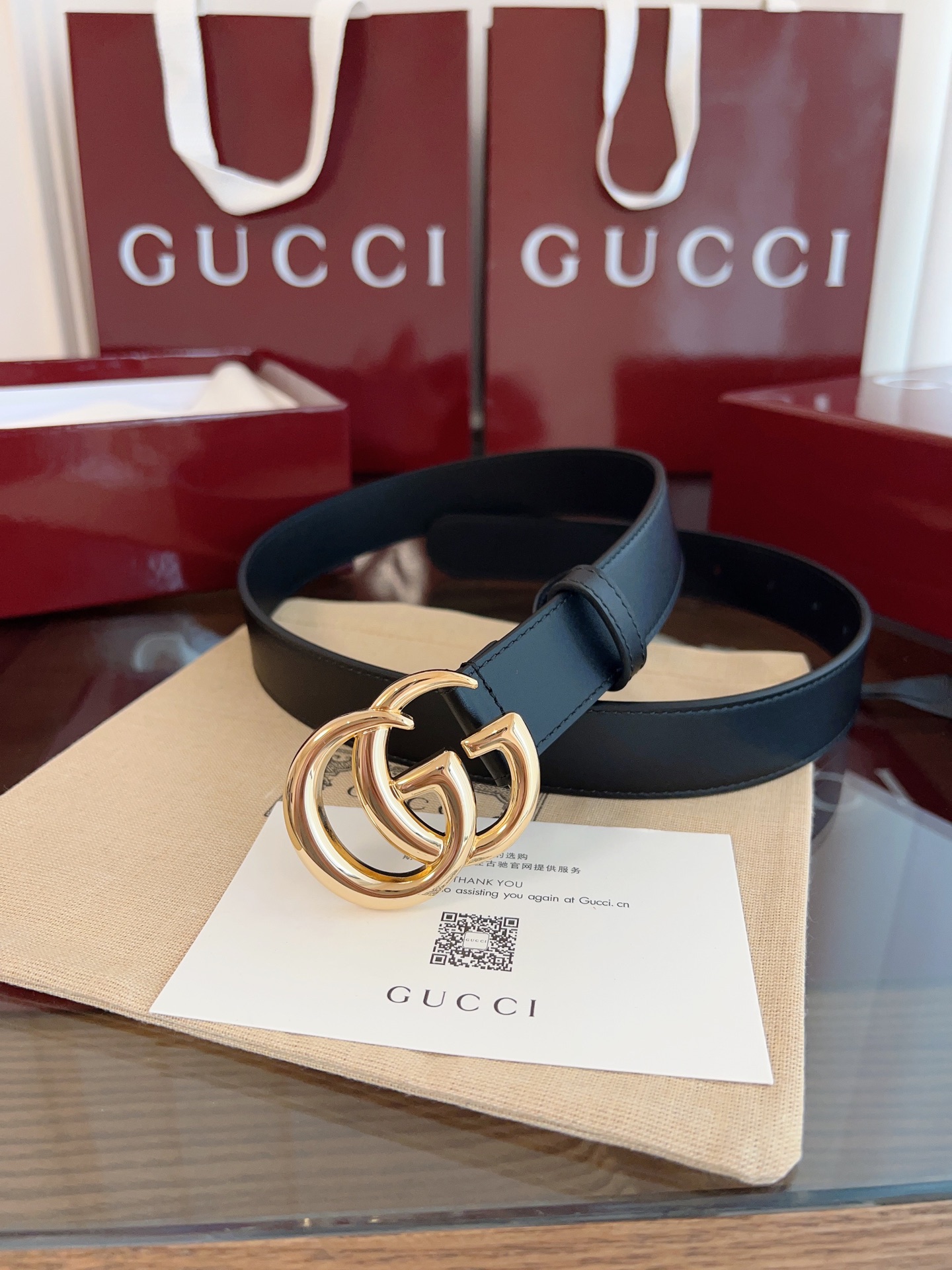  GUCCI 表面头层小牛皮 宽度3.0cm 专柜新版logo横标，原版进口南非皮底，精品双G铜扣  高