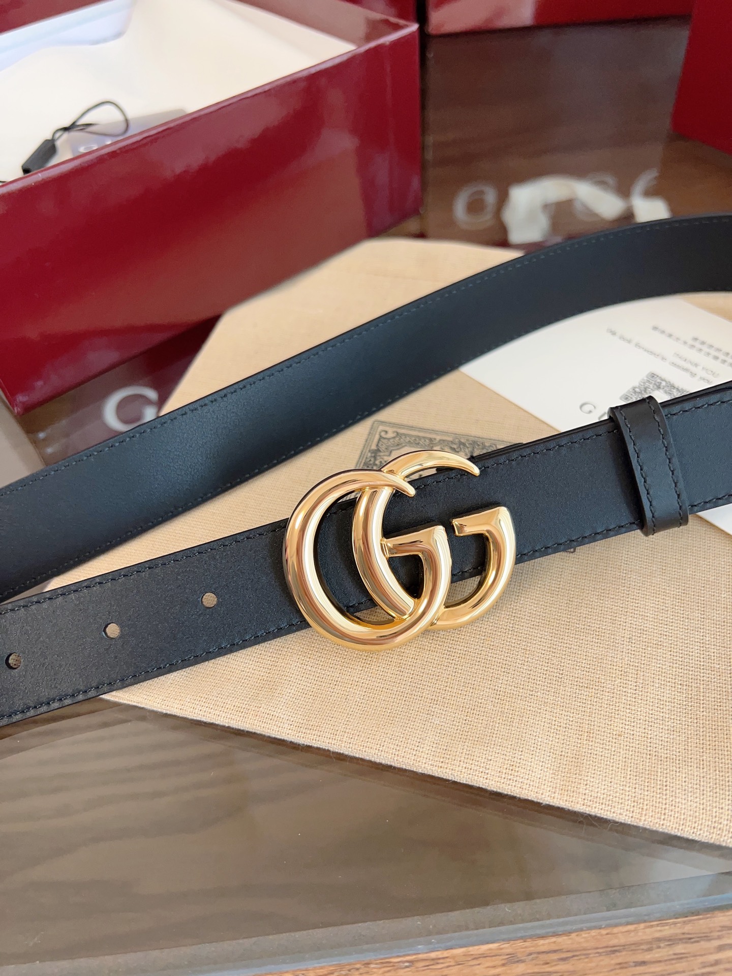  GUCCI 表面头层小牛皮 宽度3.0cm 专柜新版logo横标，原版进口南非皮底，精品双G铜扣  高