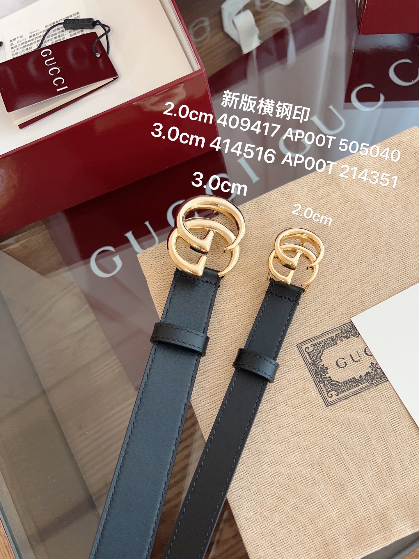  GUCCI 表面头层小牛皮 宽度3.0cm 专柜新版logo横标，原版进口南非皮底，精品双G铜扣  高