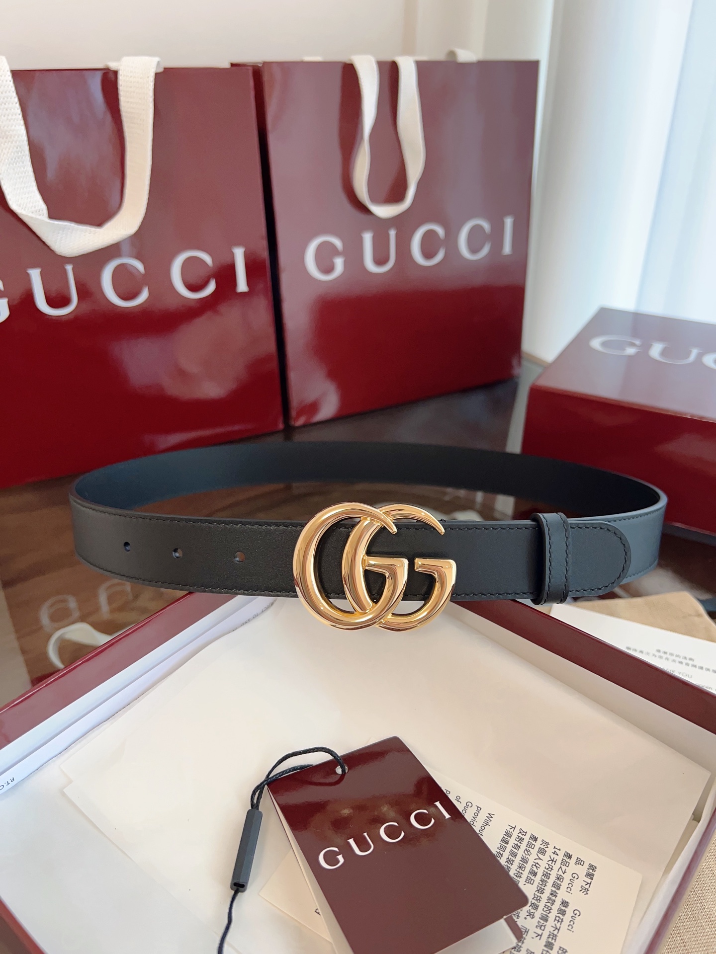  GUCCI 表面头层小牛皮 宽度3.0cm 专柜新版logo横标，原版进口南非皮底，精品双G铜扣  高