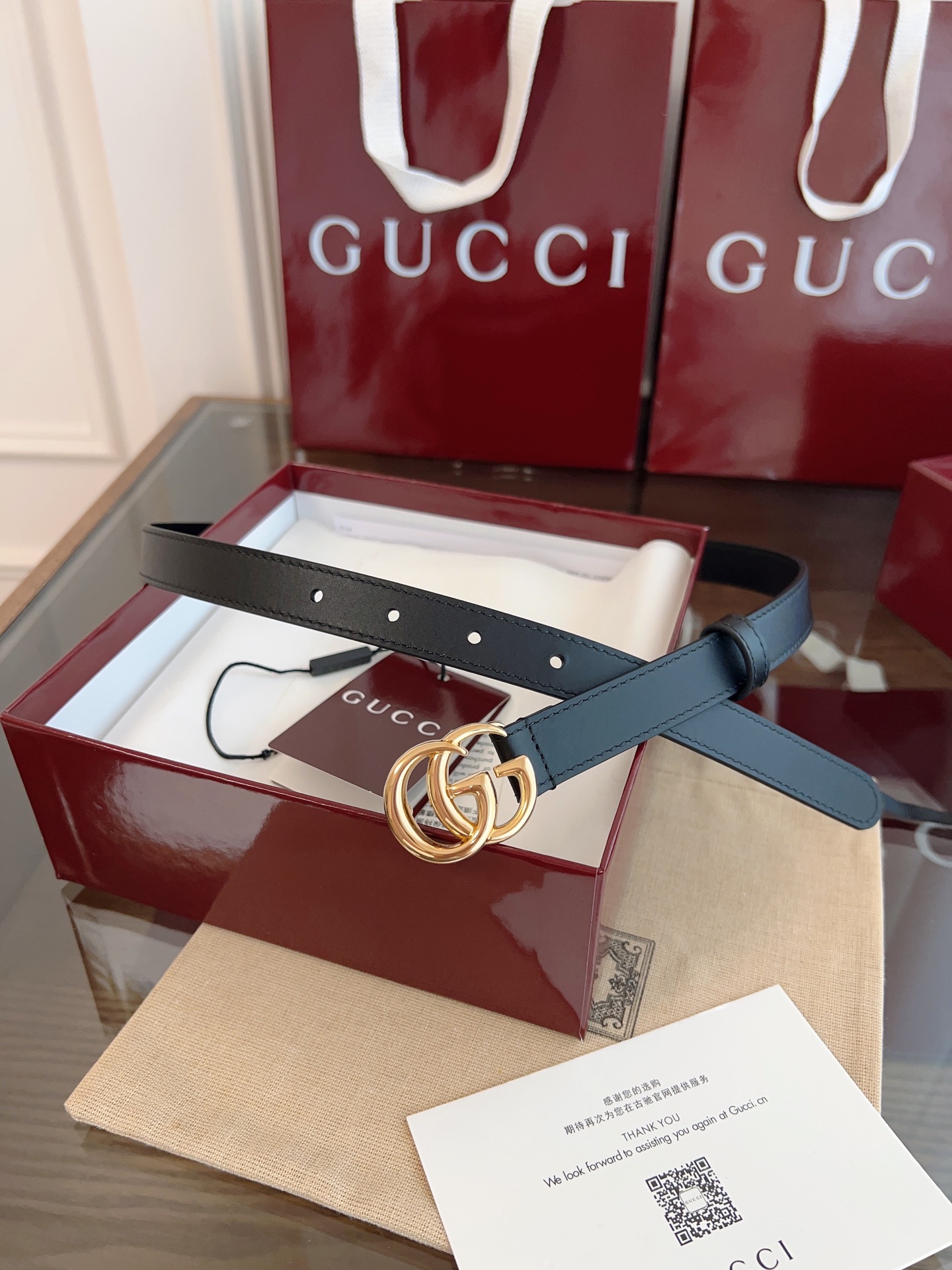  GUCCI 表面头层小牛皮 宽度2.0cm 专柜新版logo横标，原版进口南非皮底，精品双G铜扣  高