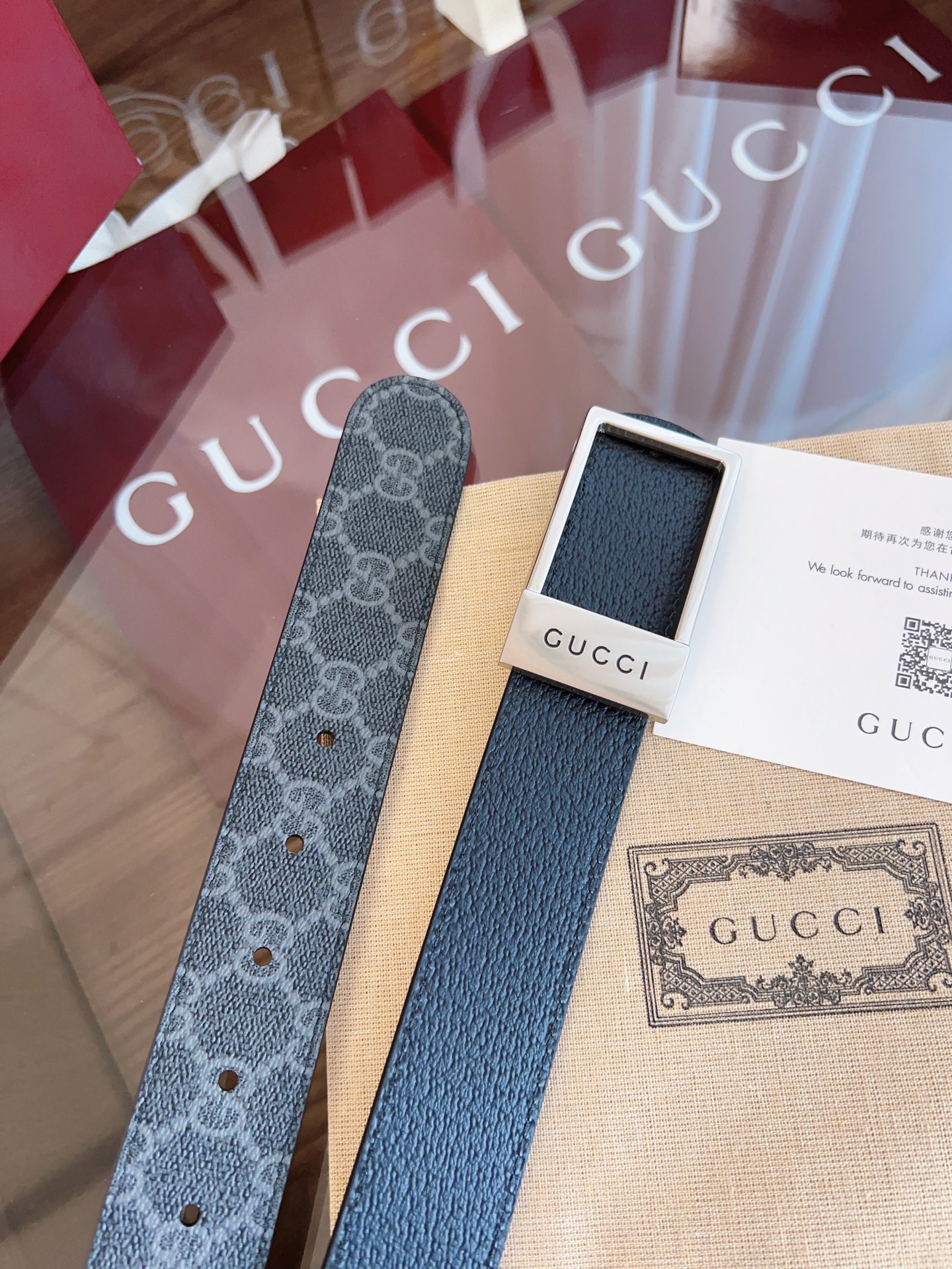 🅿️150 绝美gucci 方扣男士新款腰帶 專櫃同步 寬3.5厘米 帶身帆布灰老花-拼進口猪皮紋黑色 精緻真空電鍍方型鋼扣 雙面可用