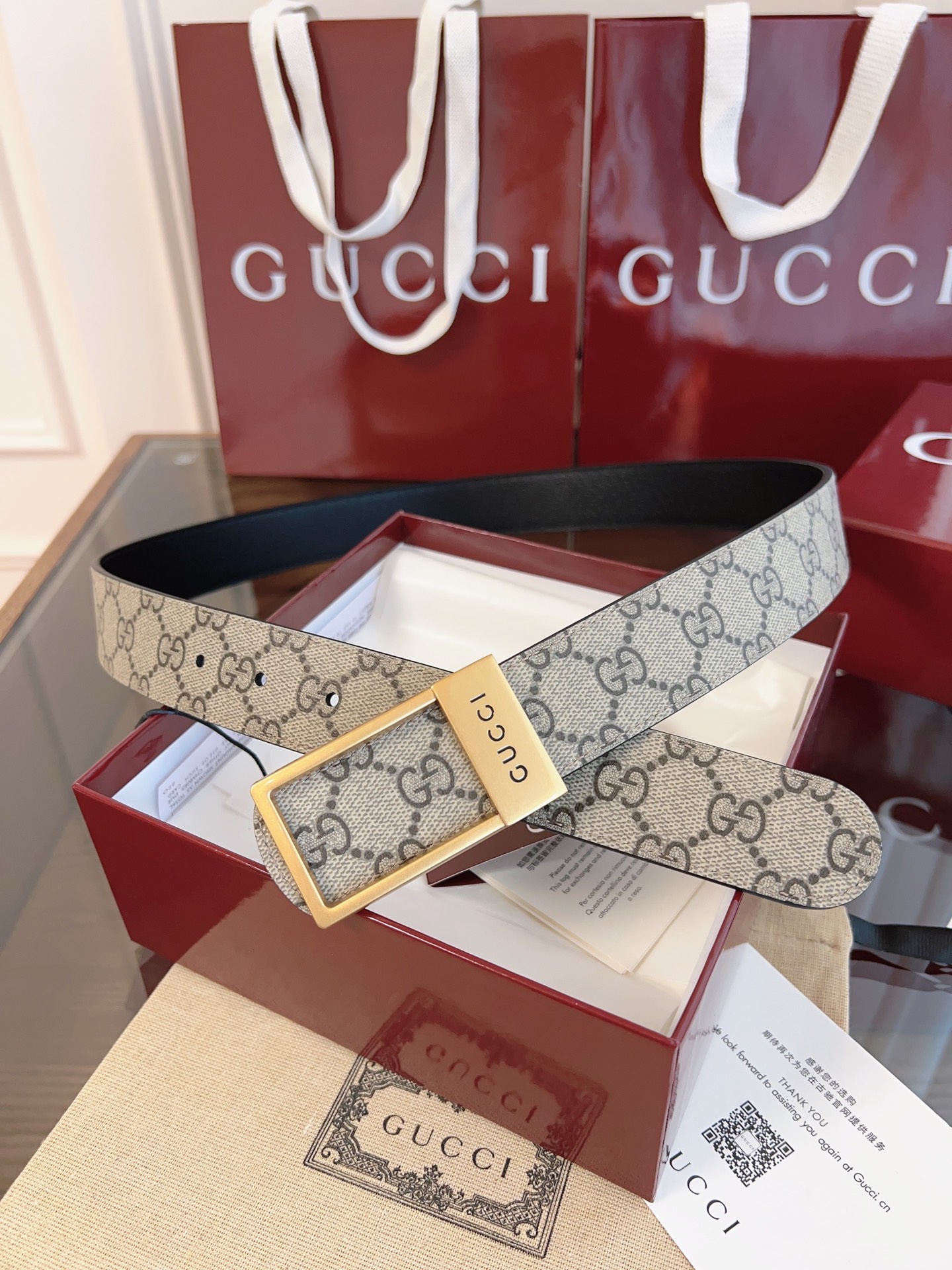 绝美gucci 方扣男士新款腰帶 專櫃同步 寬3.5厘米 帶身帆布杏老花-拼進口猪皮紋黑色 精緻真空電