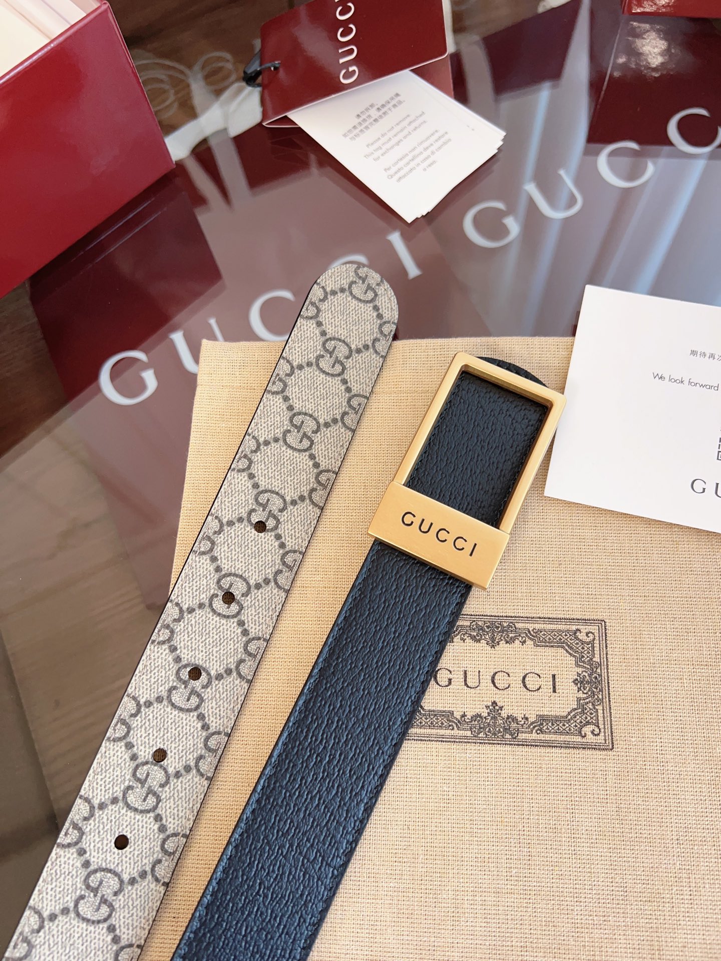  绝美gucci 方扣男士新款腰帶 專櫃同步 寬3.5厘米 帶身帆布杏老花-拼進口猪皮紋黑色 精緻真空電