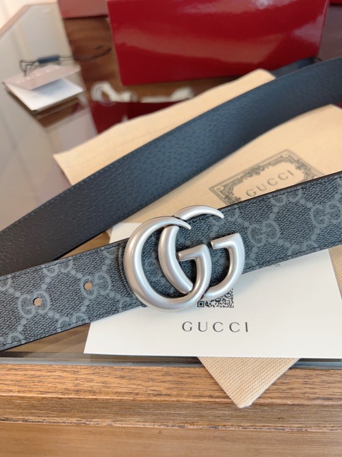 Gucci Men's Belt with Double G Buckle in Gray Canvas and Black Leather 1 Gucci Men's Belt with Double G Buckle in Gray Canvas and Black Leather