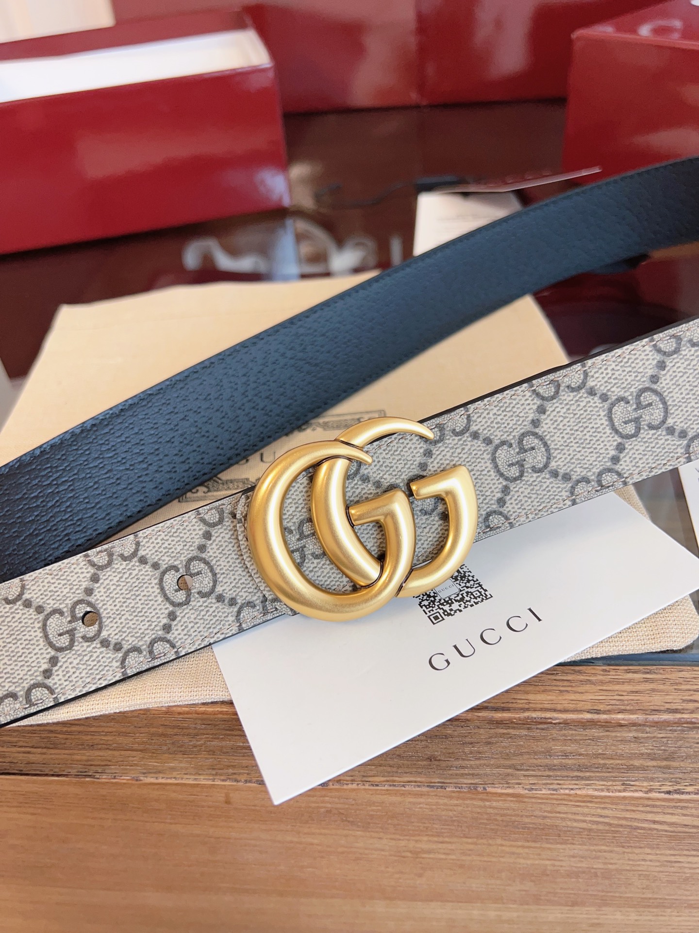 🅿️150 绝美gucci 双G男士新款腰帶 專櫃同步 寬3.5厘米 帶身帆布杏老花-拼進口猪皮紋黑色 精緻真空電鍍双G鋼扣 雙面可用