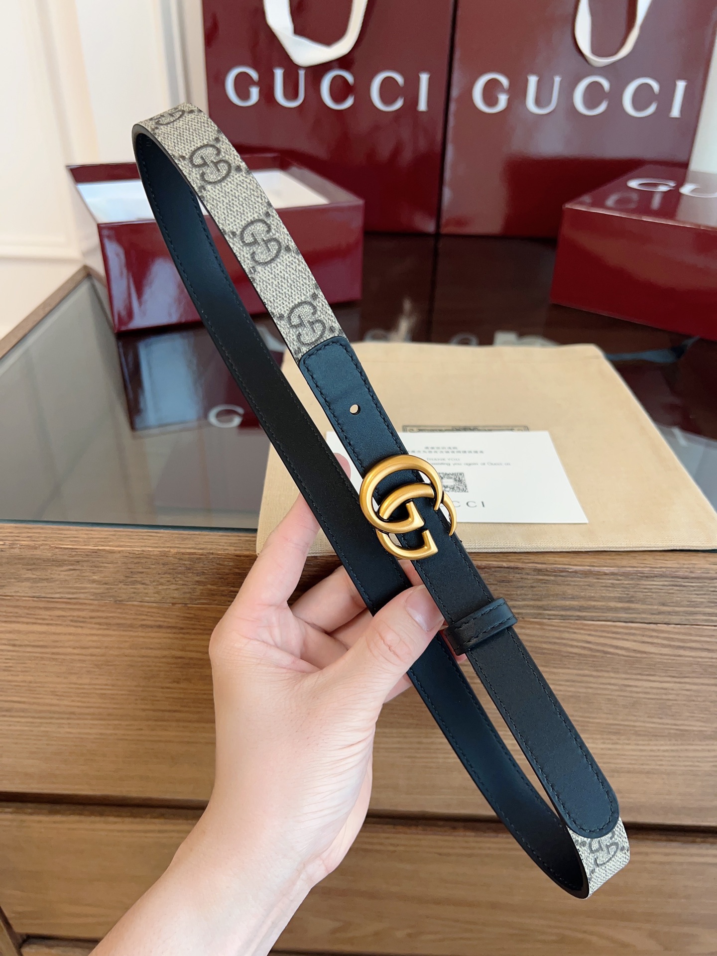 今年最时尚拼接系列 Gucci小牛皮拼接GG Supreme 老花帆布，对版3孔调节，横标logo编号:409417·92TLC 宽2.0cm 复古GG扣 P160