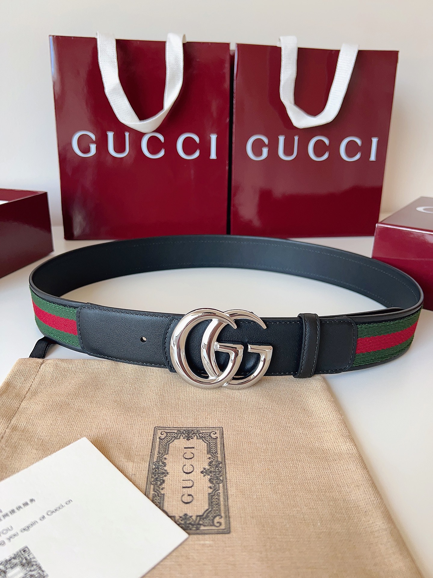 Gucci Web Green Red Stripe Leather Belt 