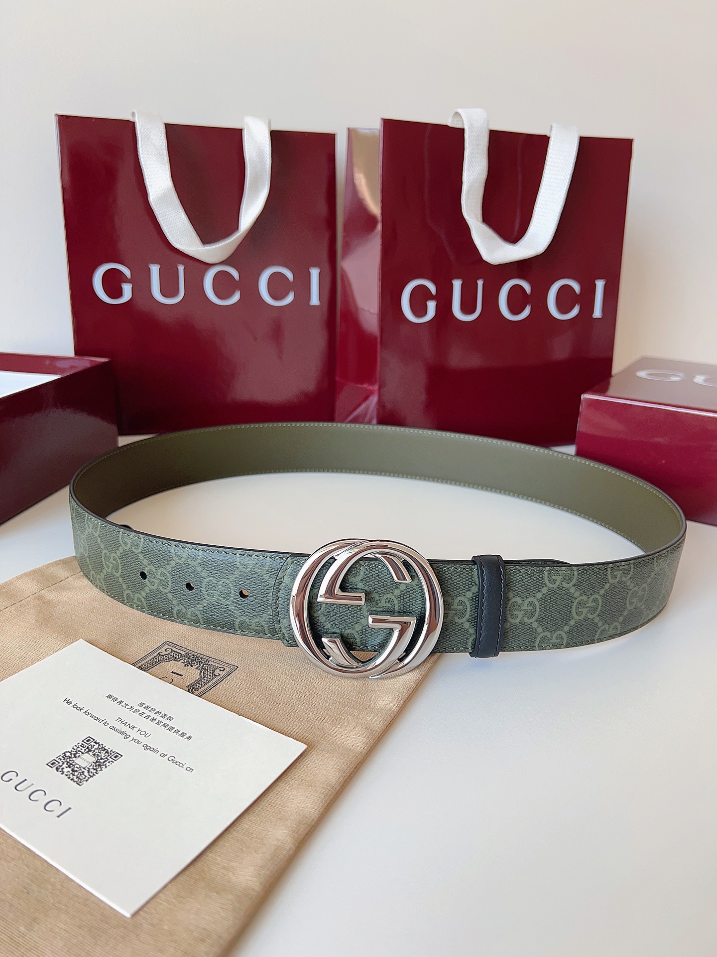 Gucci Men Olive Green GG Supreme Canvas Belt 