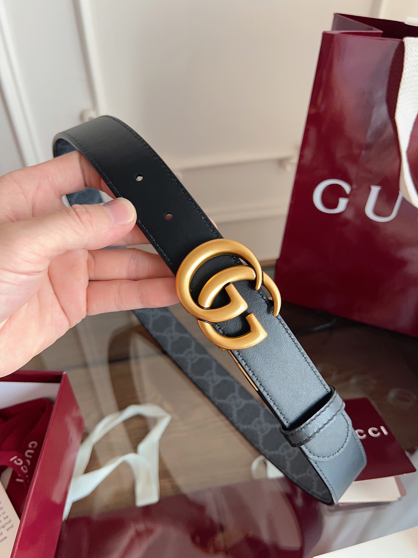 Gucci  92TIC 黑篮SuPreme PVC黑花 小牛皮黑底 宽度3.0cm 复古GG旋转扣双面