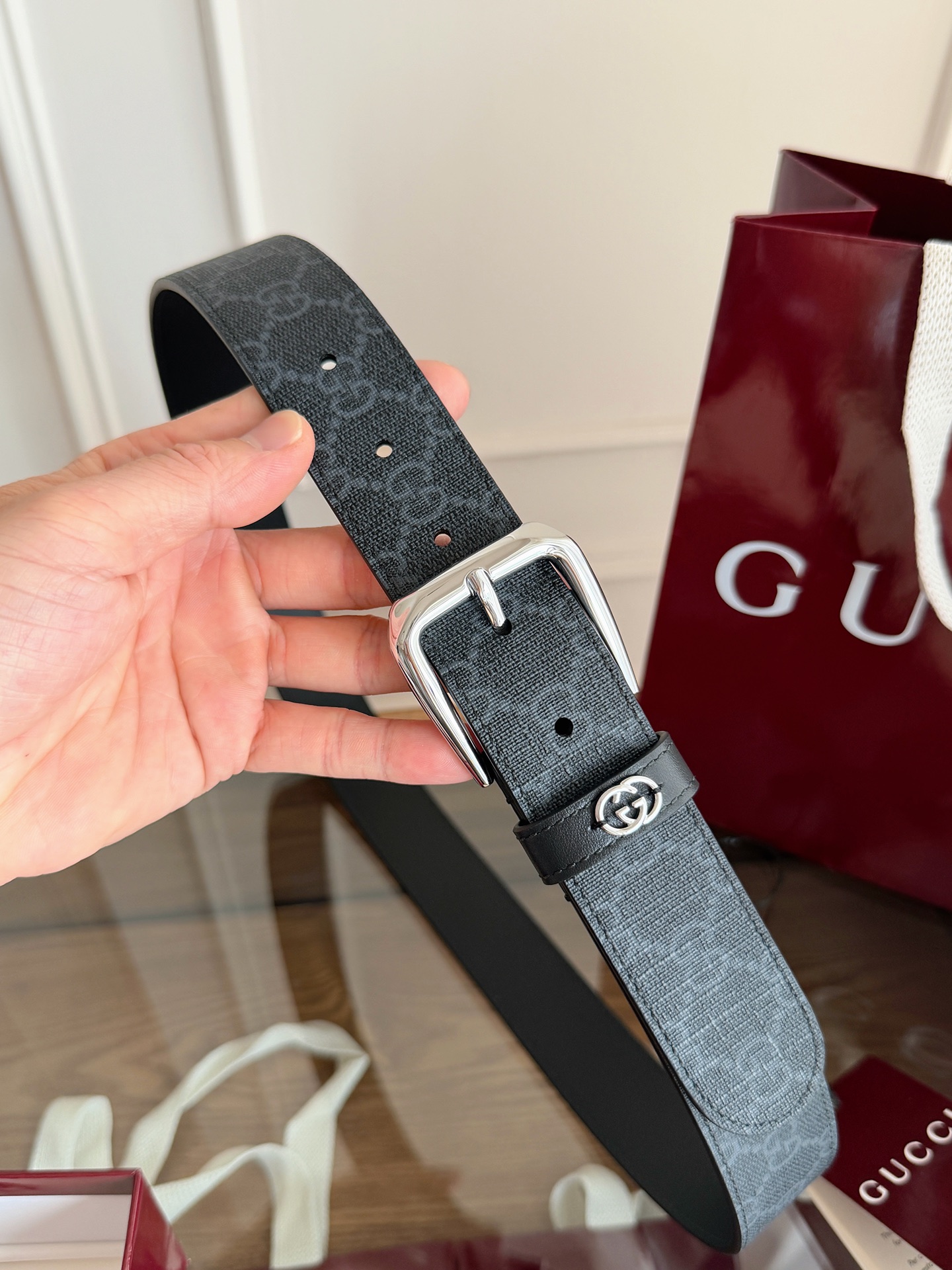 Gucci 款号  92TIN 1000 表面材料是黑色定制PVC 反面定制硅胶皮 宽度3.5cm 皮圈