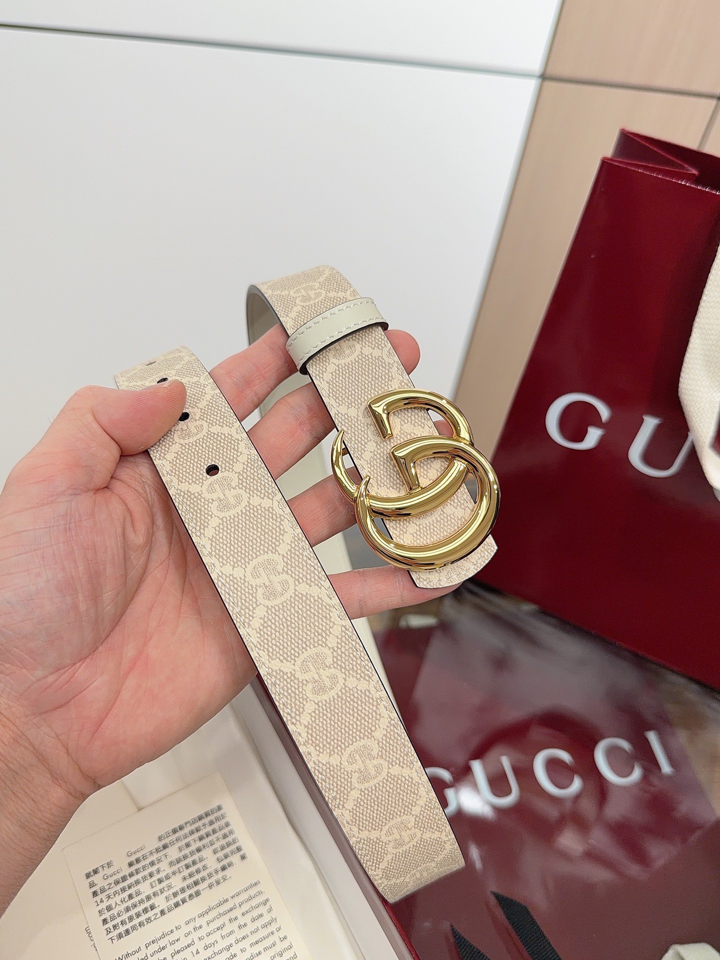 绝美gucci G女式新款腰帶 專櫃同步 寬3.0厘米 帶身帆布燕麦色老花-拼進口米白小牛皮 精緻真空電鍍双G型鋼扣 雙