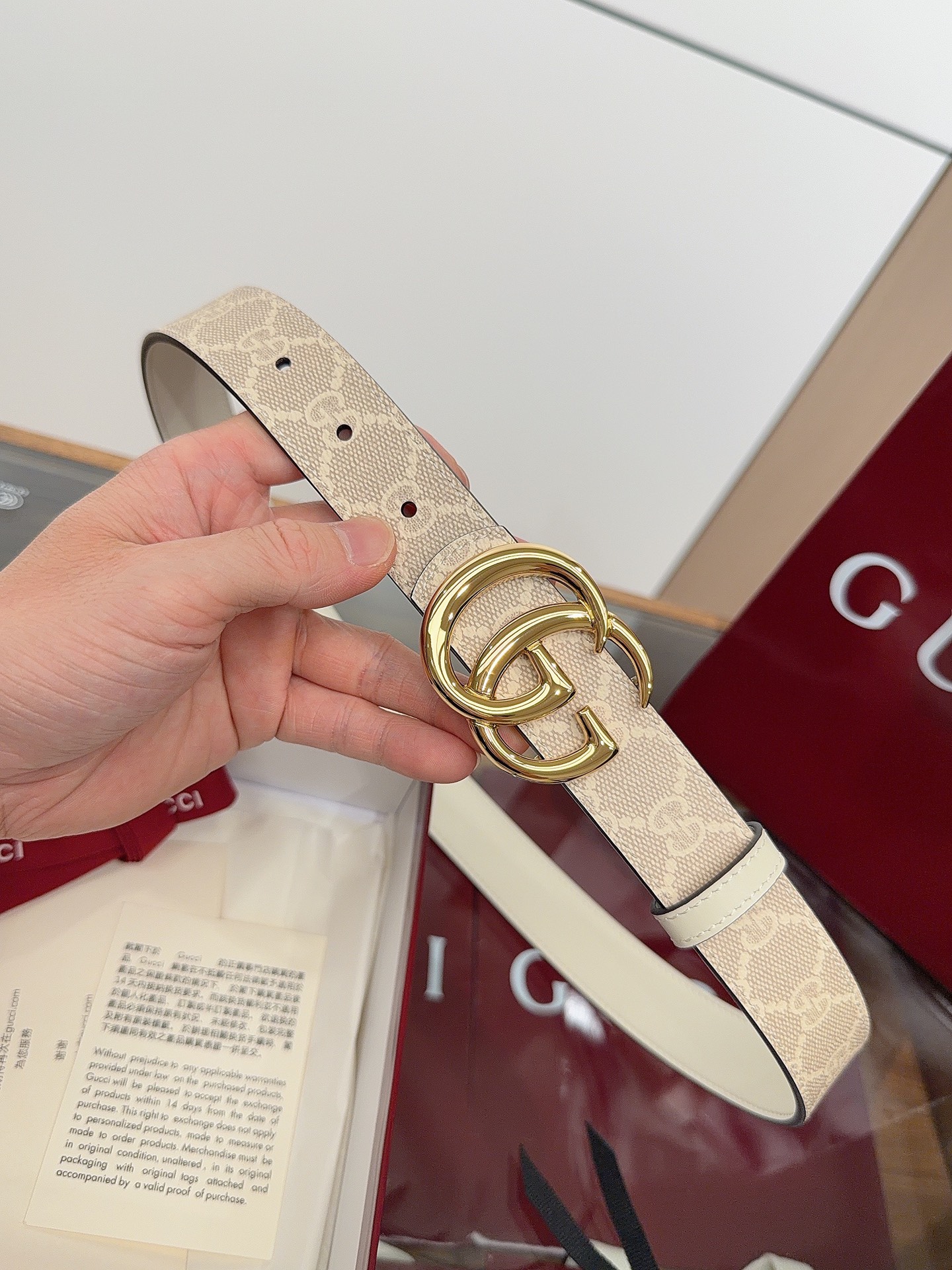 绝美gucci G女式新款腰帶 專櫃同步 寬3.0厘米 帶身帆布燕麦色老花-拼進口米白小牛皮 精緻真空電鍍双G型鋼扣 雙