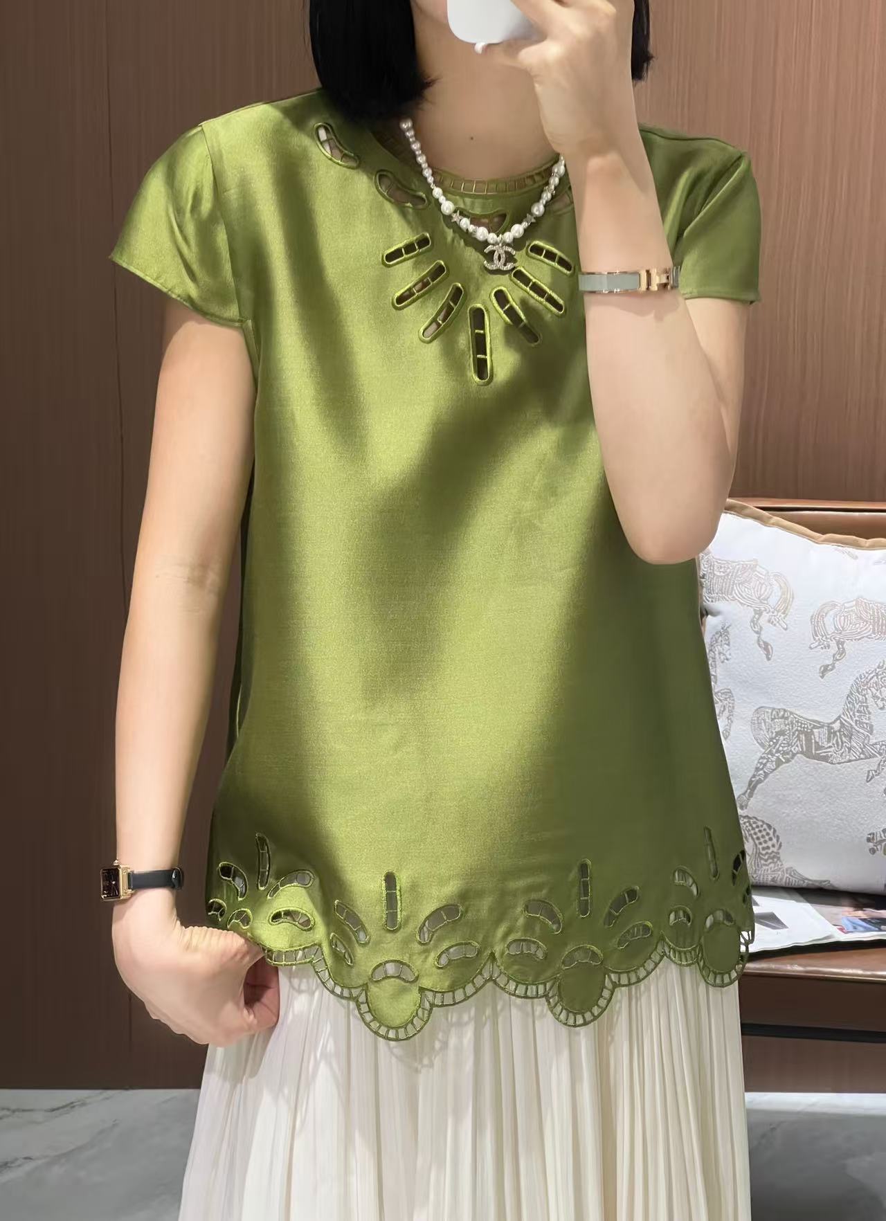 Elegant Wool Silk Top with Exquisite Embroidery & Cutout Details - Green 4 a1747105808662 7262