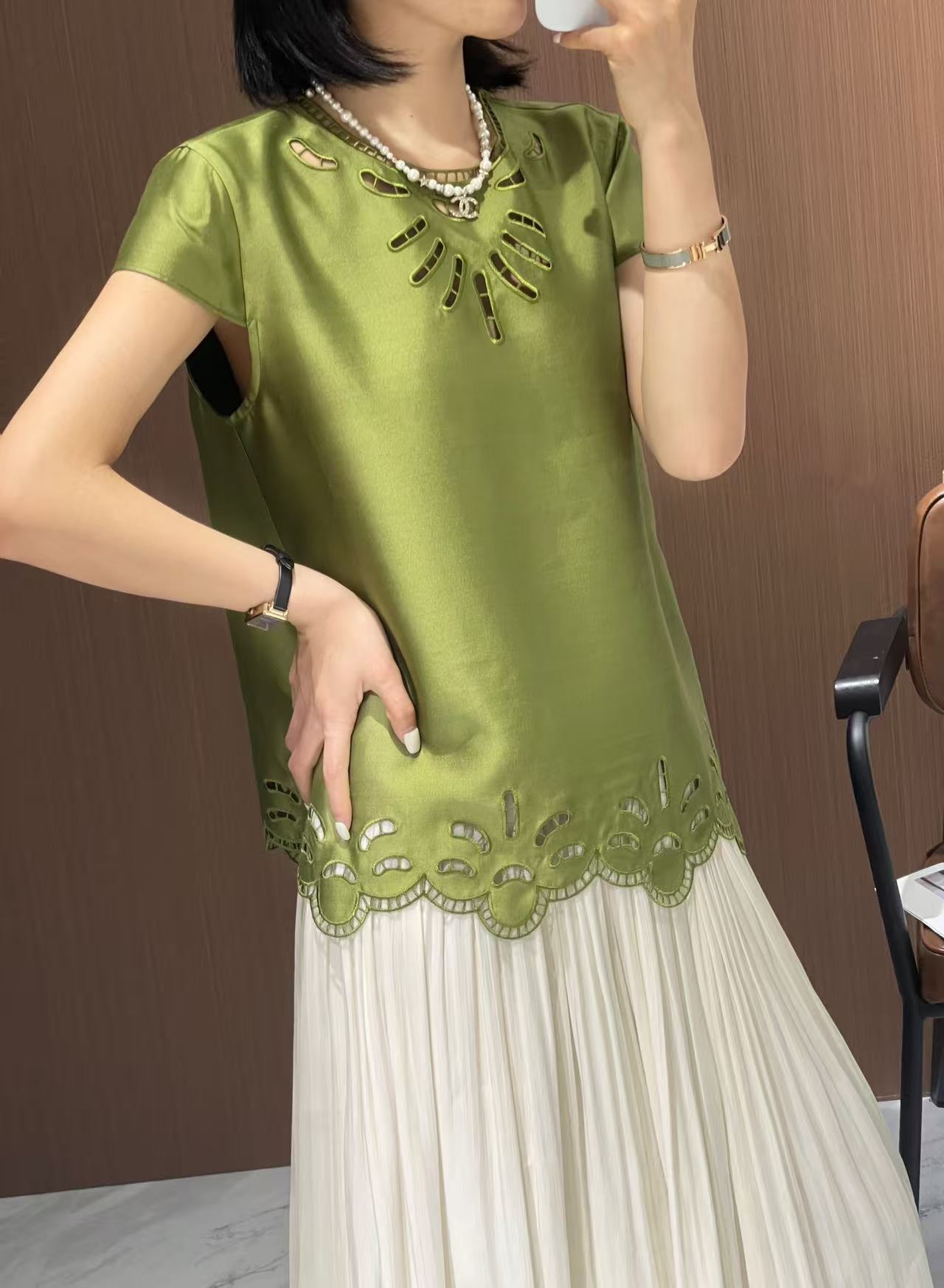 Elegant Wool Silk Top with Exquisite Embroidery & Cutout Details - Green 3 a1747105808669 0854