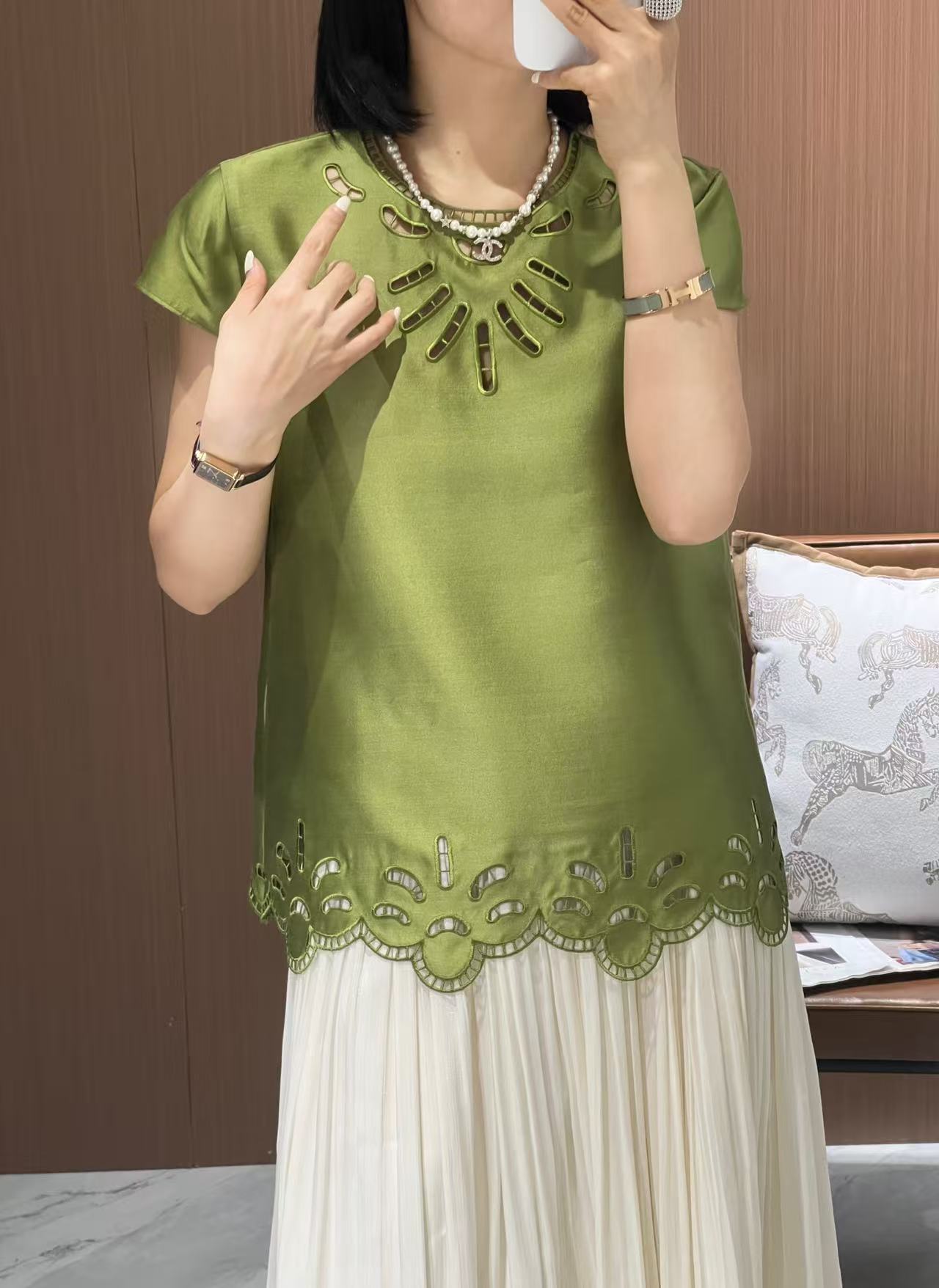Elegant Wool Silk Top with Exquisite Embroidery & Cutout Details - Green 2 a1747105808669 8876