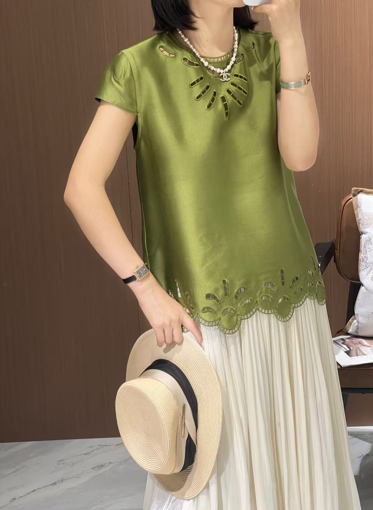 Elegant Wool Silk Top with Exquisite Embroidery & Cutout Details - Green 1 a1747105808670 2530