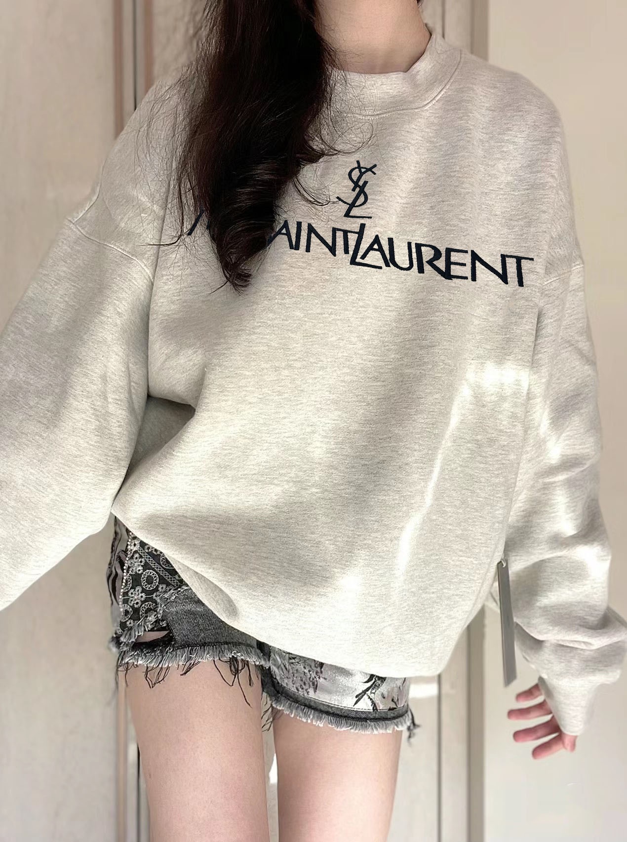 Yves Saint Laurent Clothing Sweatshirts Grey Embroidery Unisex Women Men Cotton Winter Collection Sweatpants