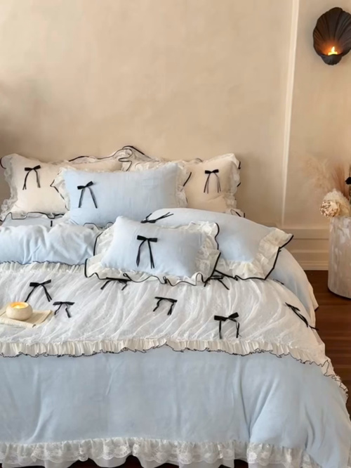 Sky Blue Dreamscape Bedding Set with Bows and Ruffle Lace Details 1 Sky Blue Dreamscape Bedding Set with Bows and Ruffle Lace Details