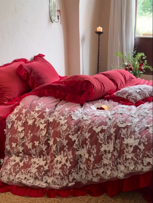 Romantic Red Butterfly Lace Bedding Set - Soft & Comfortable Bedroom Decor