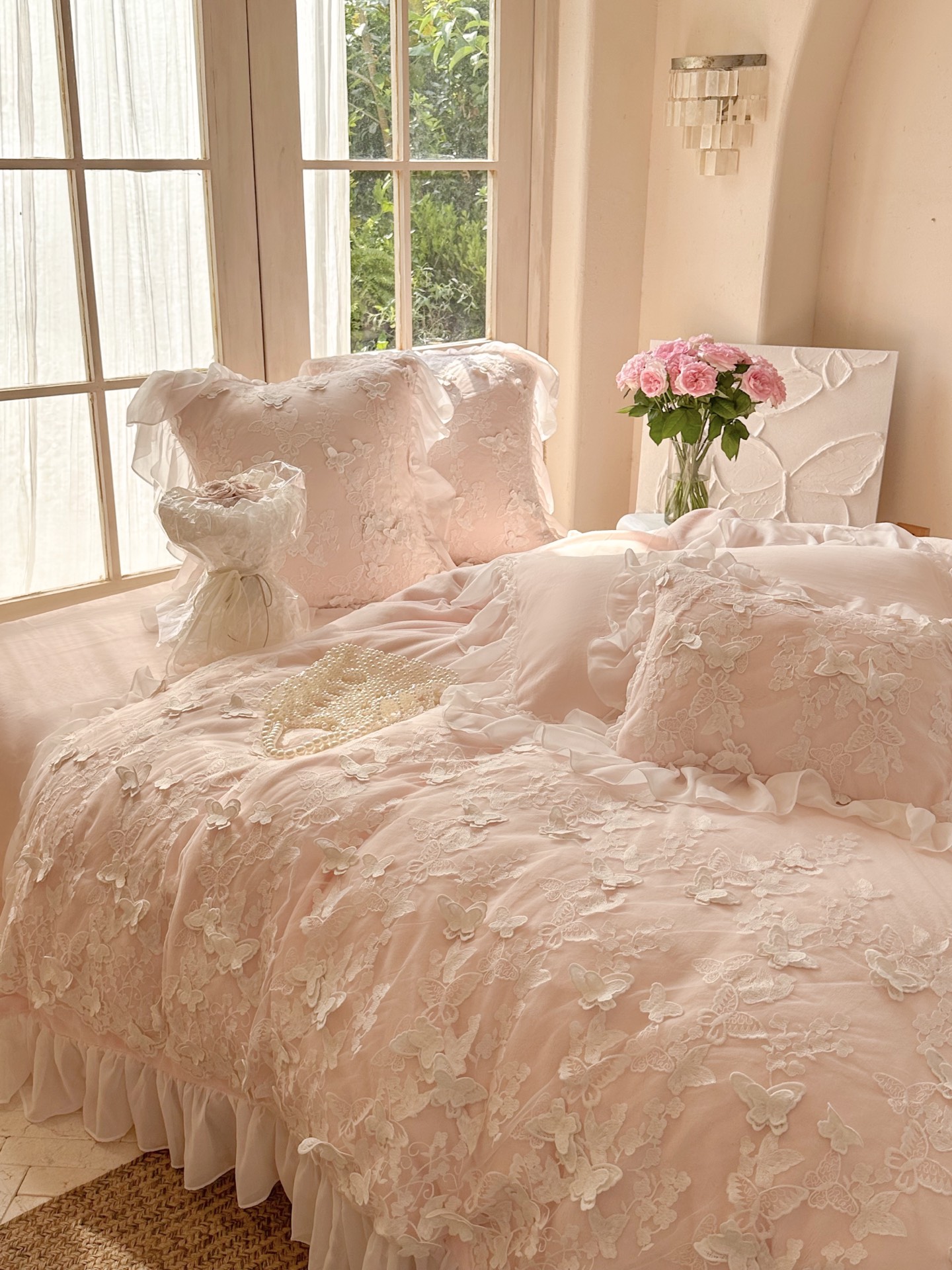Romantic Floral Milk Velvet Bedding Set with Ruffle Edge - Sky Blue, Pink, Red 13 i1759117251800 2774 0 11