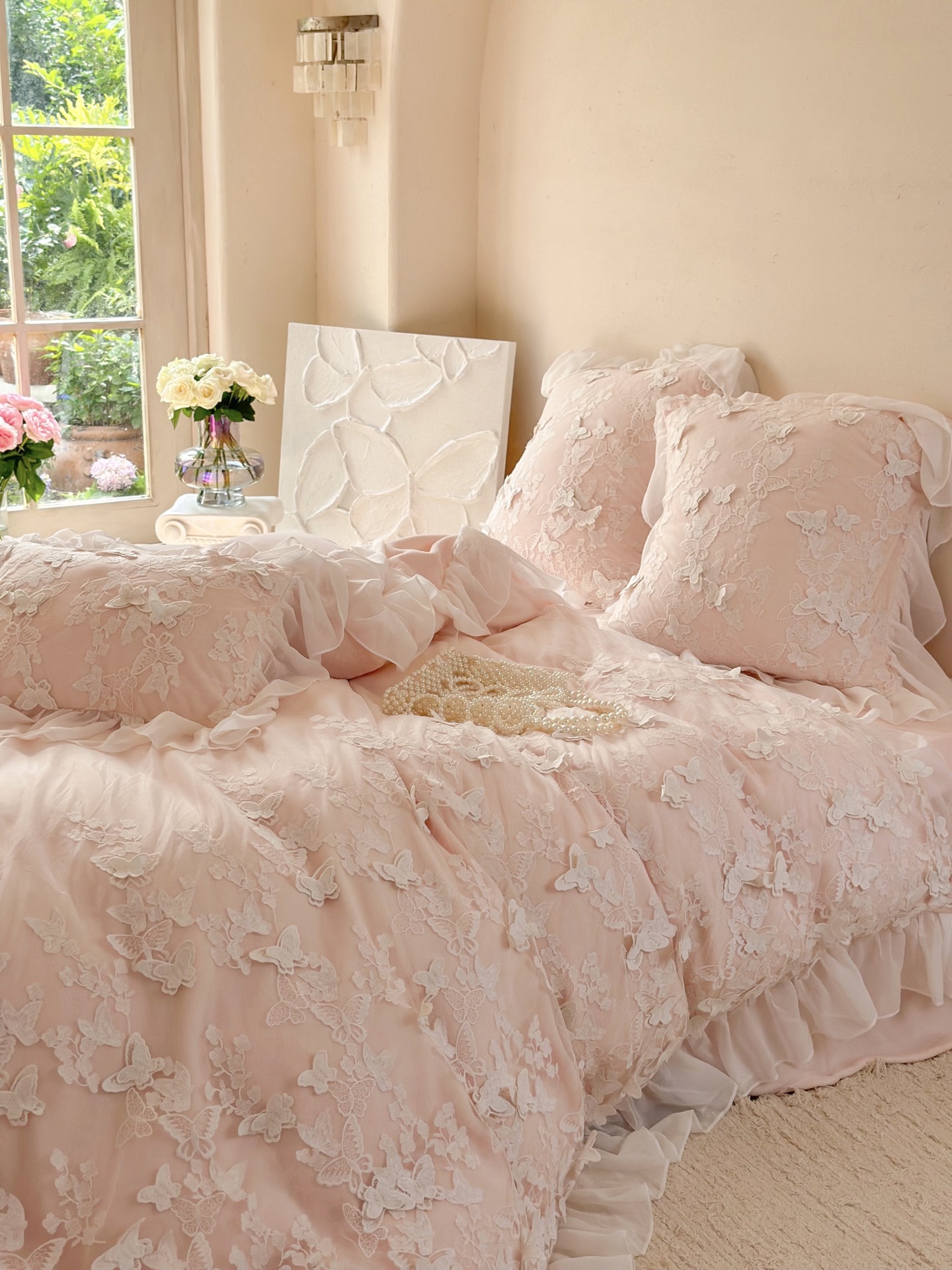 Romantic Floral Milk Velvet Bedding Set with Ruffle Edge - Sky Blue, Pink, Red 15 i1759117253293 9658 0 13