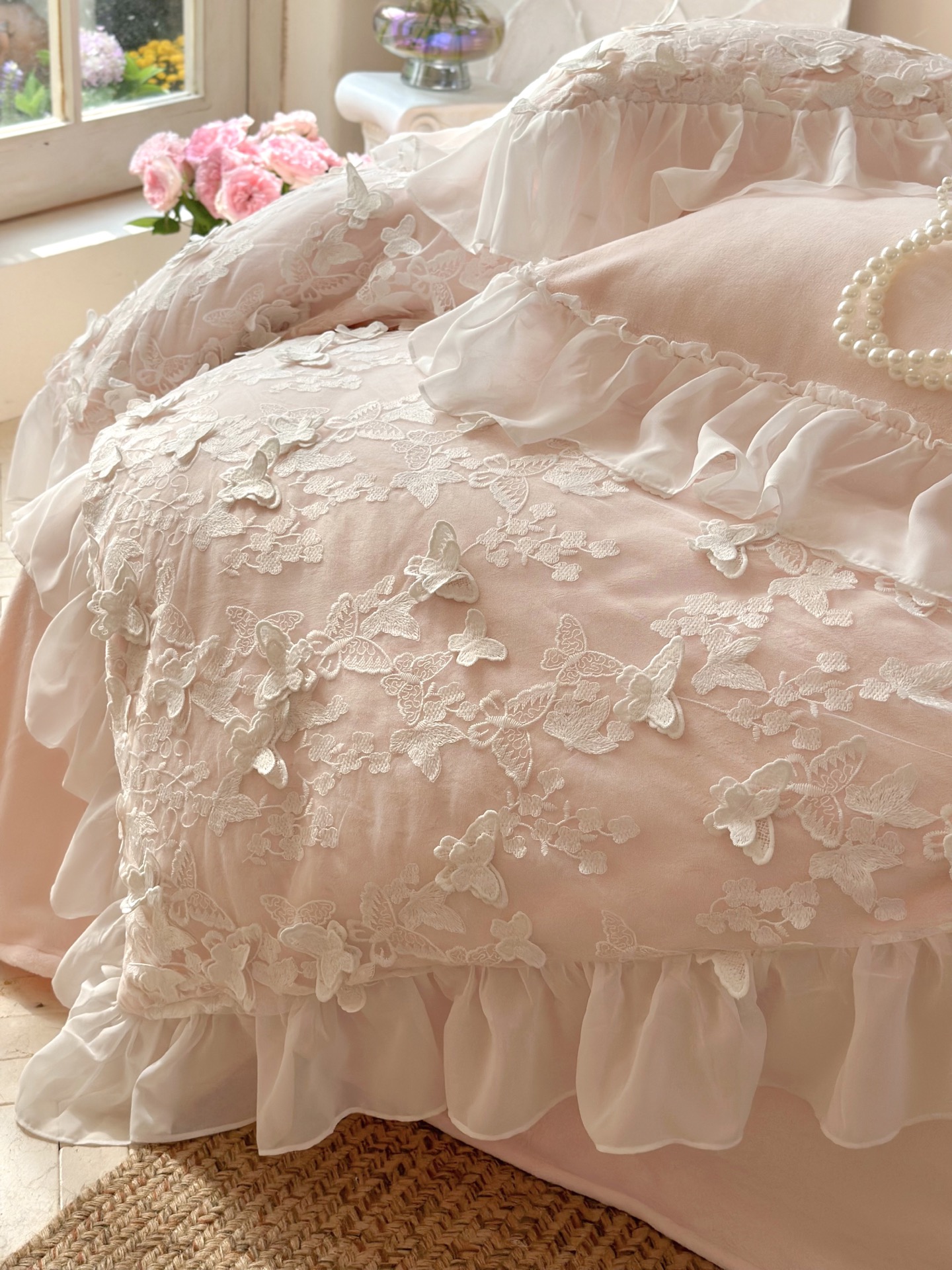 Romantic Floral Milk Velvet Bedding Set with Ruffle Edge - Sky Blue, Pink, Red 17 i1759117253360 7175 0 15