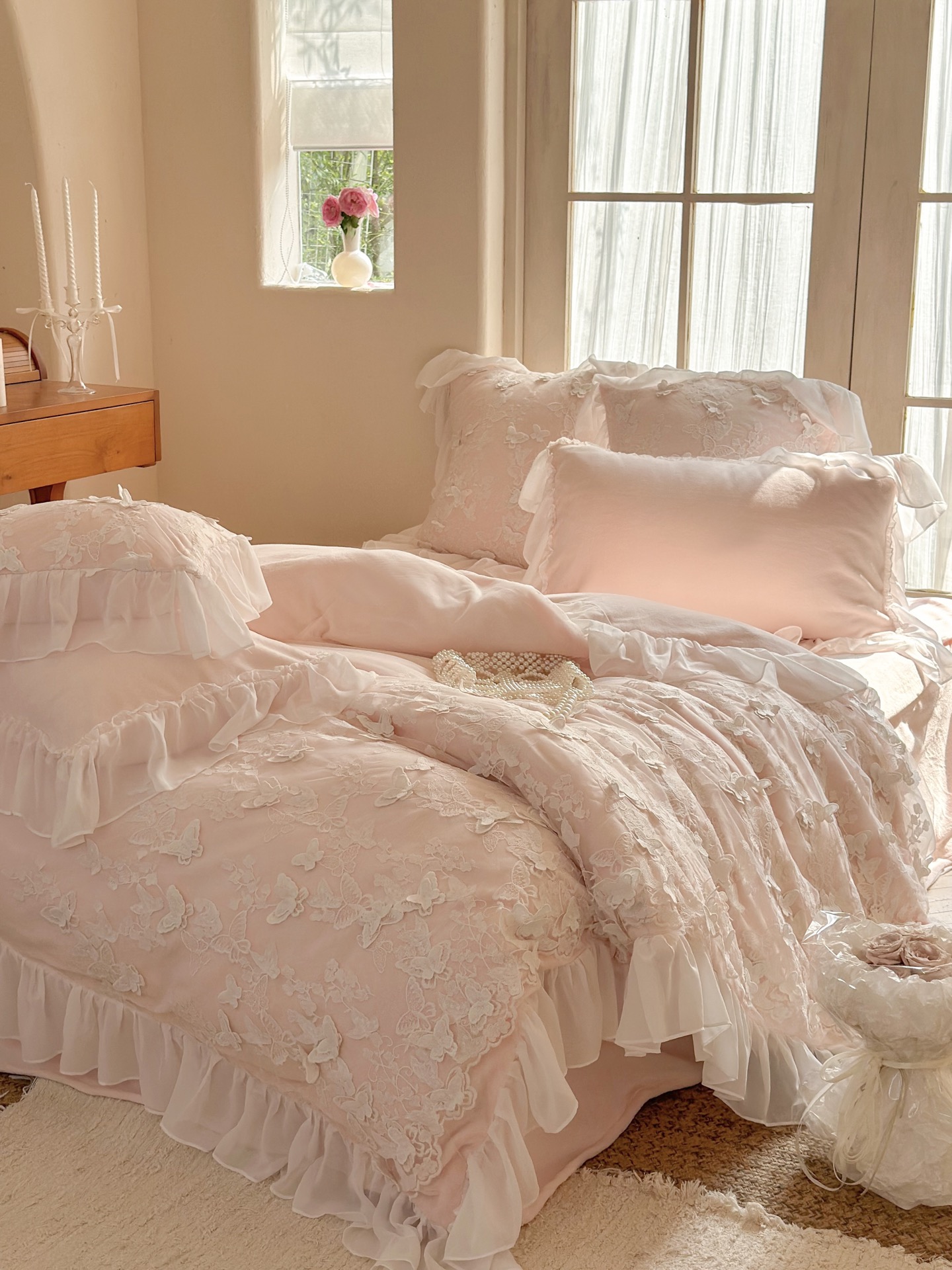 Romantic Floral Milk Velvet Bedding Set with Ruffle Edge - Sky Blue, Pink, Red 8 i1759117253602 7244 0 6