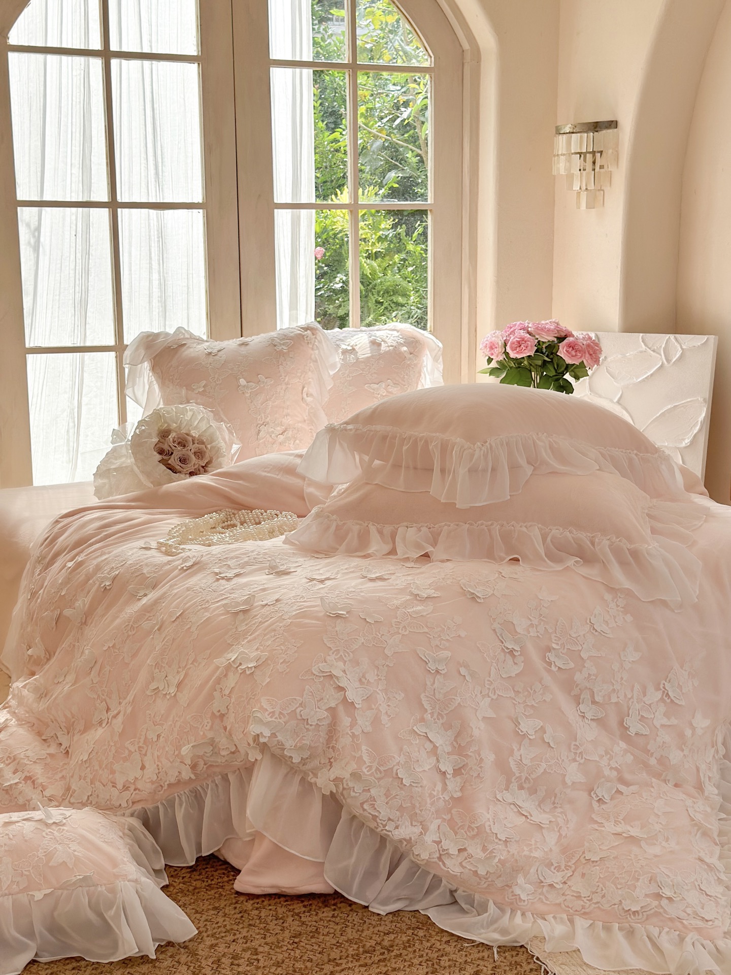 Romantic Floral Milk Velvet Bedding Set with Ruffle Edge - Sky Blue, Pink, Red 9 i1759117253653 5958 0 7
