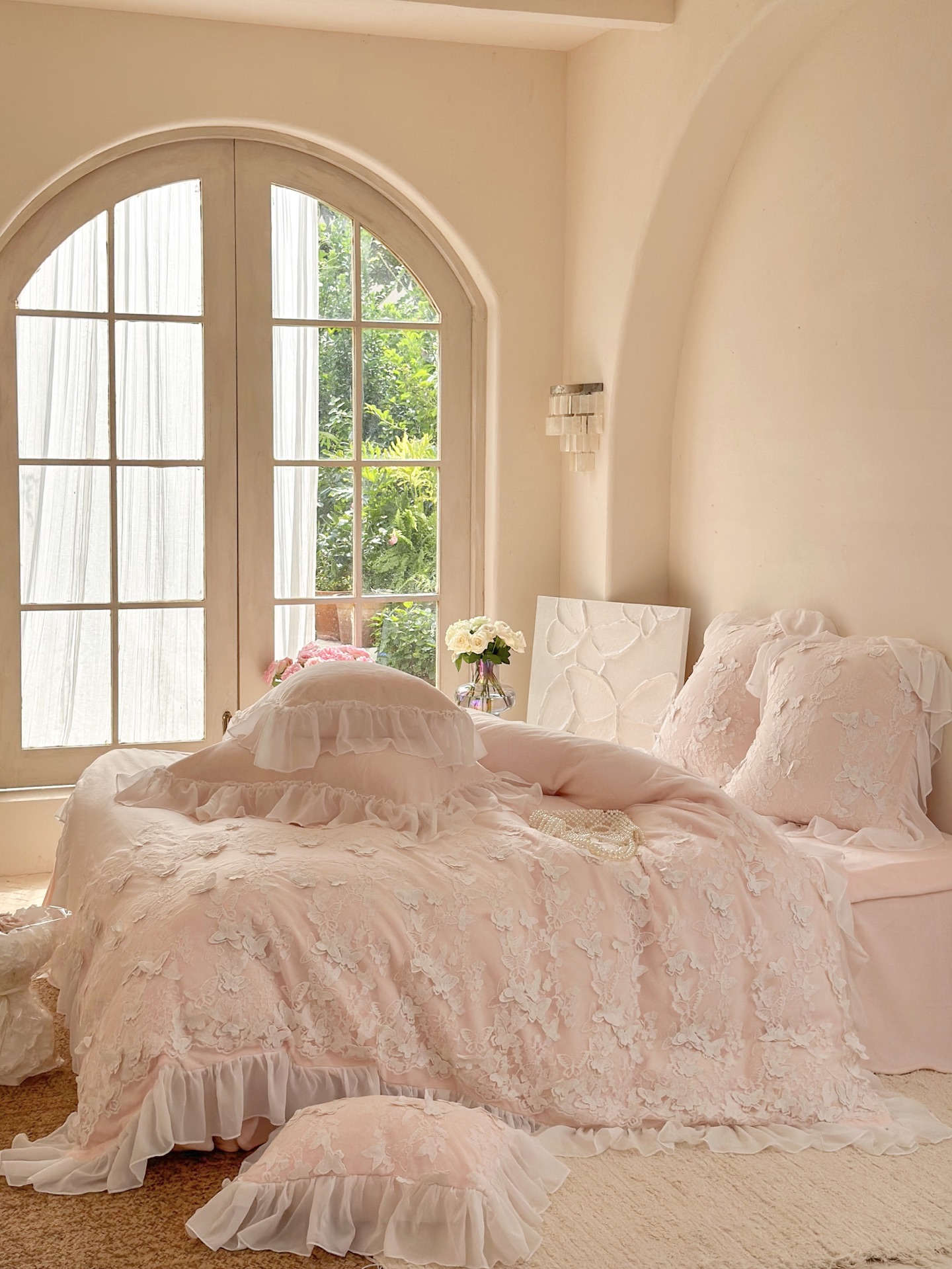 Romantic Floral Milk Velvet Bedding Set with Ruffle Edge - Sky Blue, Pink, Red 11 i1759117254708 8914 0 9