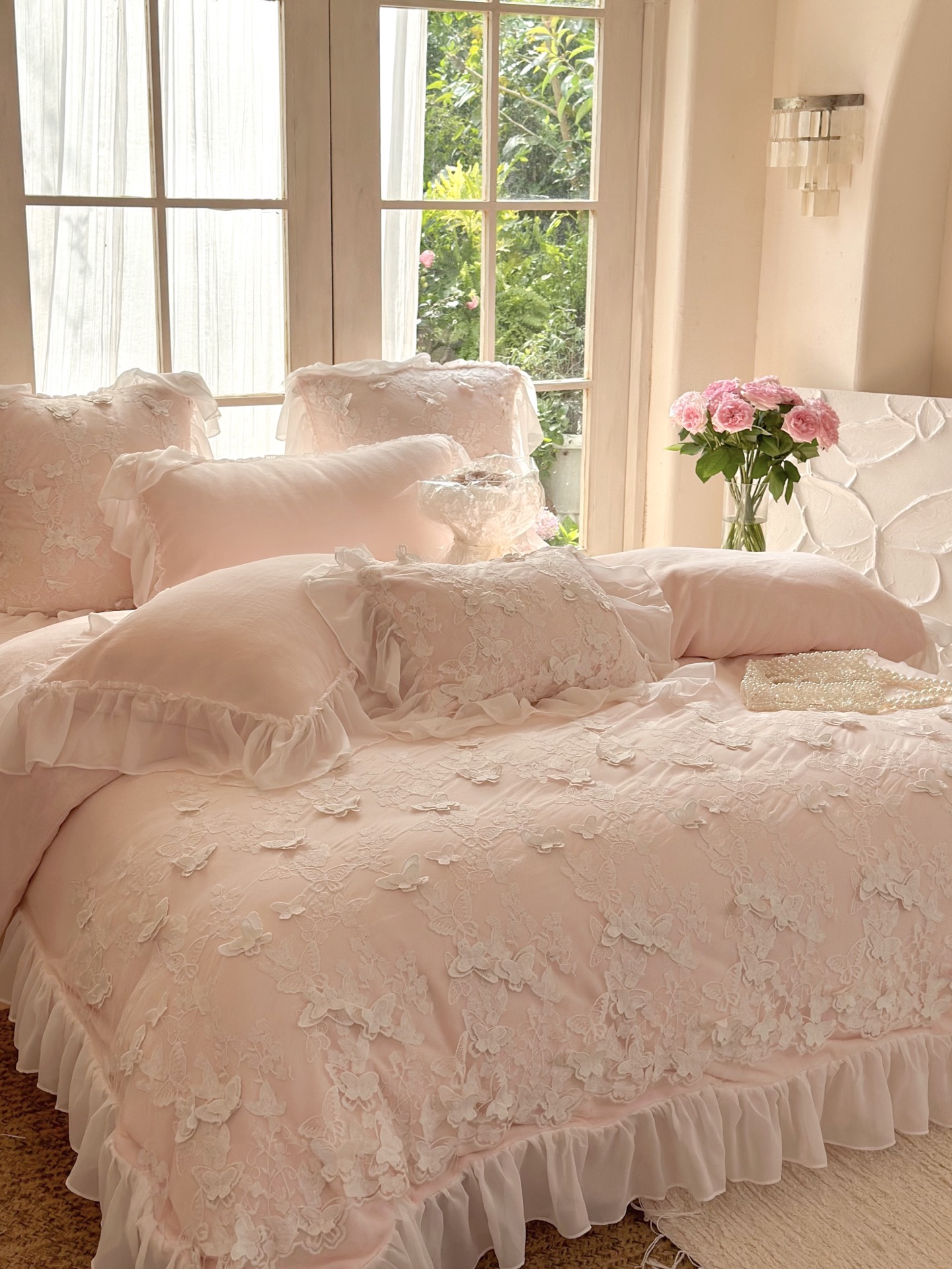 Romantic Floral Milk Velvet Bedding Set with Ruffle Edge - Sky Blue, Pink, Red 3 i1759117254839 898 0 1