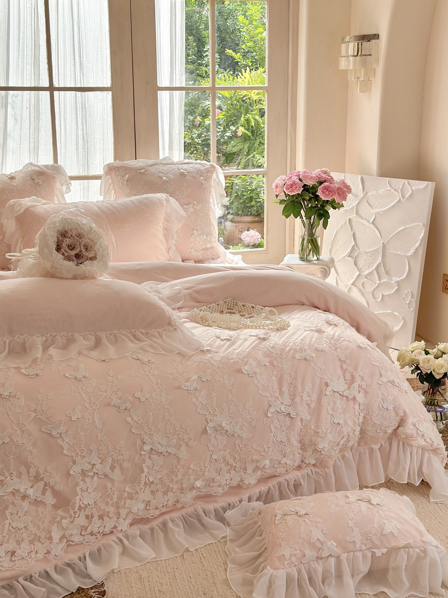 Romantic Floral Milk Velvet Bedding Set with Ruffle Edge - Sky Blue, Pink, Red 7 i1759117255132 6873 0 5