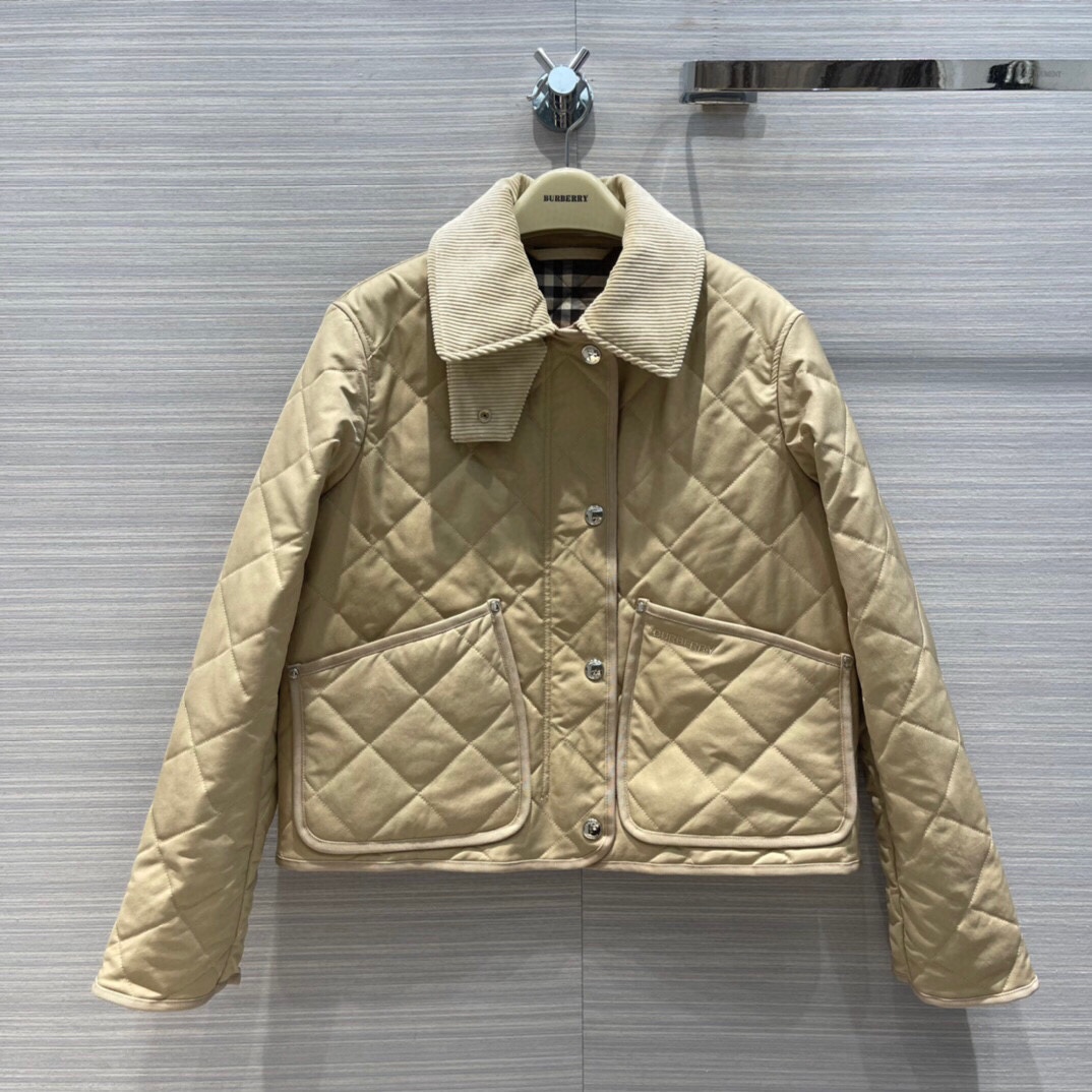 Burberry Quilted Cotton-Padded Coat with Corduroy Collar and Vintage Check