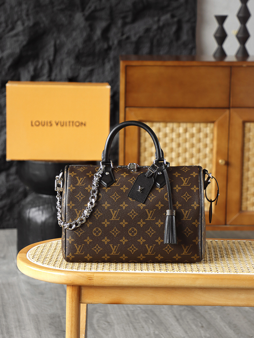 Louis Vuitton Speedy Soft 30 Dark Boston Bag with Tassel and Chain