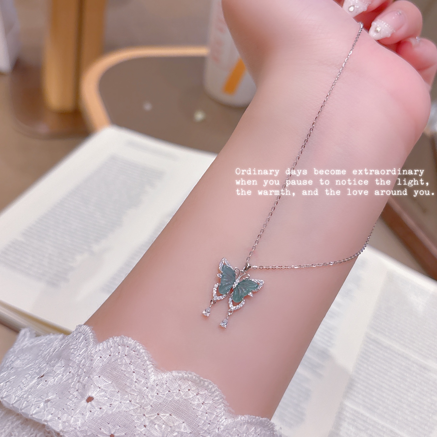 925 Silver Jadeite Necklace Girly Valentine's Day Silver