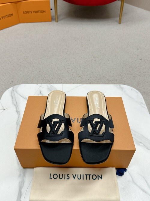 Louis Vuitton Flat Mule Sandal in Black Leather with LV Logo 1 Louis Vuitton Flat Mule Sandal in Black Leather with LV Logo