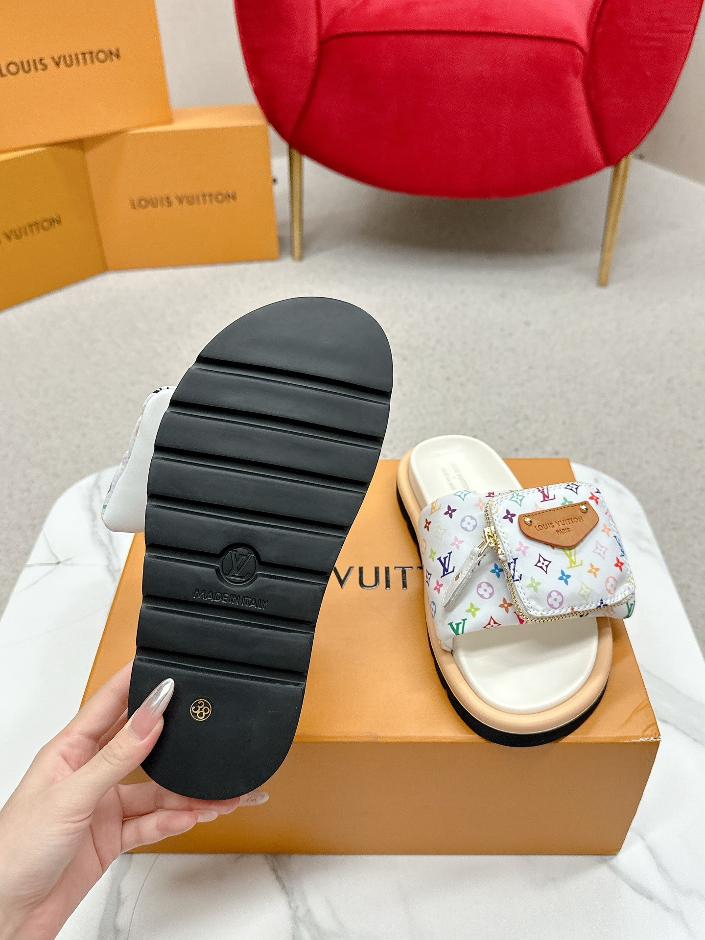 Louis Vuitton X TM Takashi Murakami collaboration couple slides, BS 9
