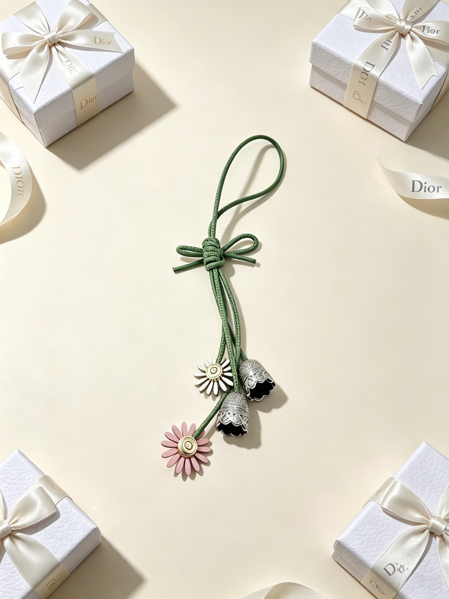Dior Daisy Bell Bag Charm pendant green leather cord silver-tone metal bells cream and pink daisy accents with gold-tone centers 18cm total length