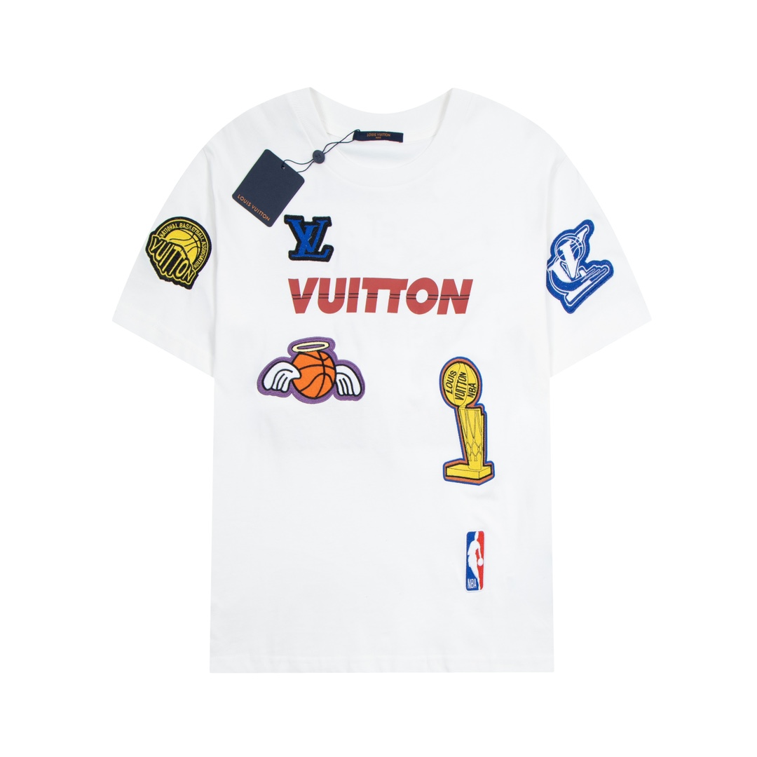 Louis Vuitton Clothing T-Shirt Black White Embroidery Cotton Knitting Fall/Winter Collection