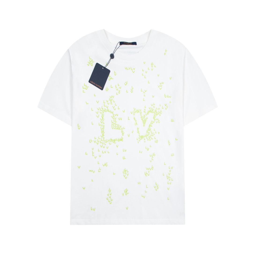 Louis Vuitton Clothing T-Shirt Black White Embroidery Cotton Fashion Short Sleeve