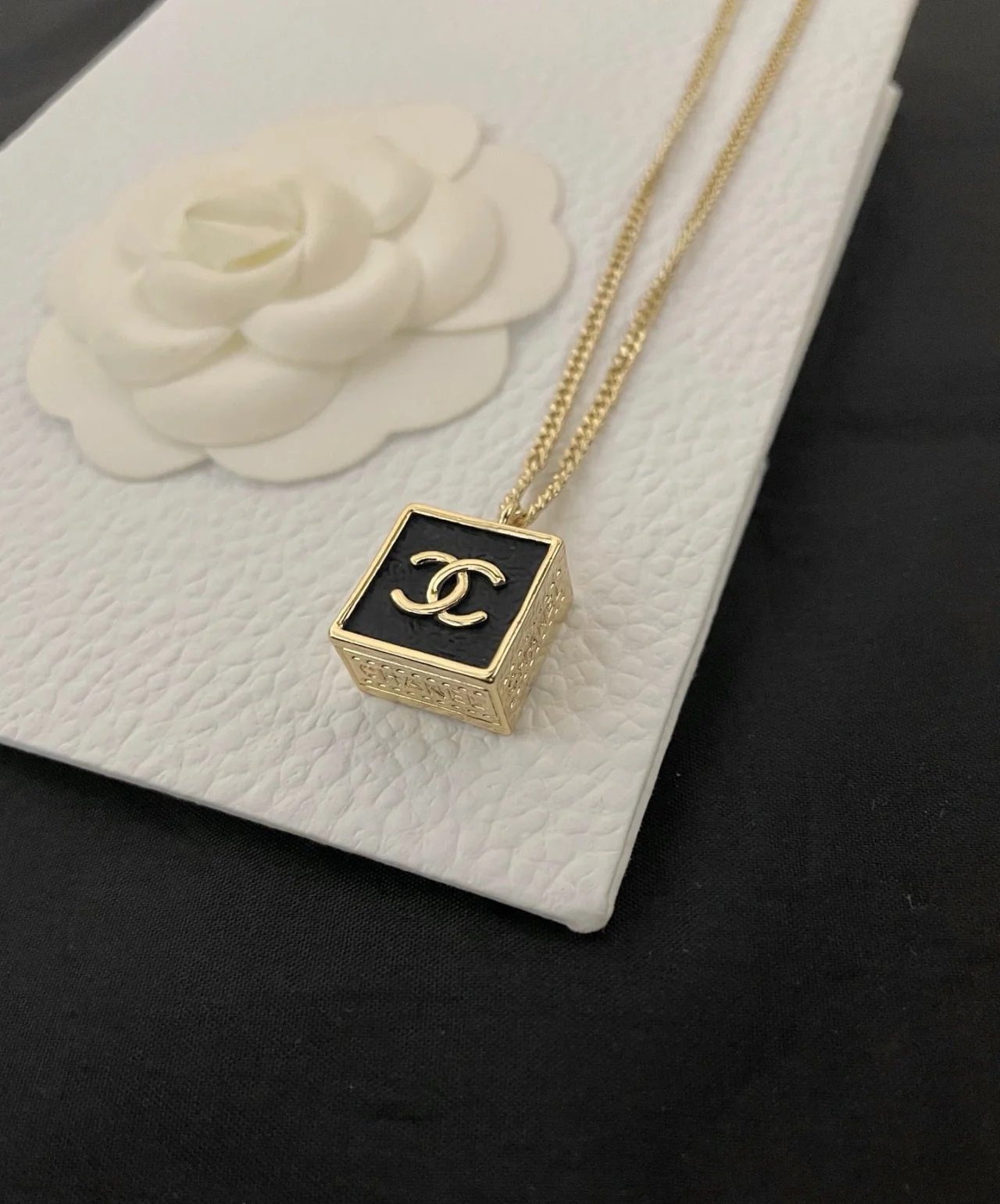 Chanel Black and Gold Square Pendant Necklace - Comprehensive