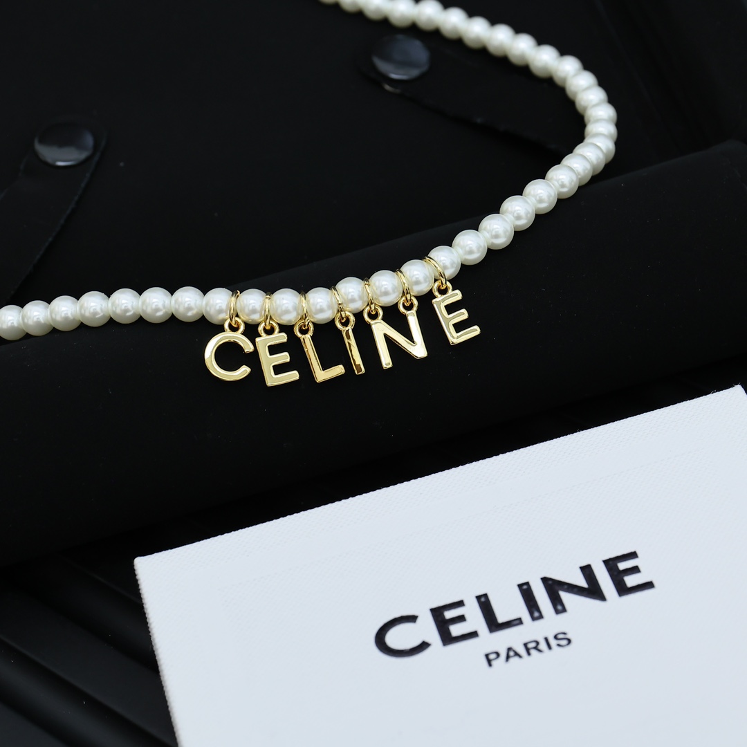 Celine PRECIOUS Logo Letter Pearl Necklace necklace Gold-tone metal with white pearls 40cm with 5cm extender chain