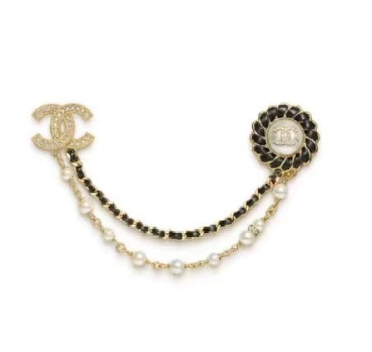 Chanel Gold-Tone Metal, Lambskin,& Glass Brooch,Double C Logo, Black & White 1 Chanel Gold-Tone Metal, Lambskin,& Glass Brooch,Double C Logo, Black & White