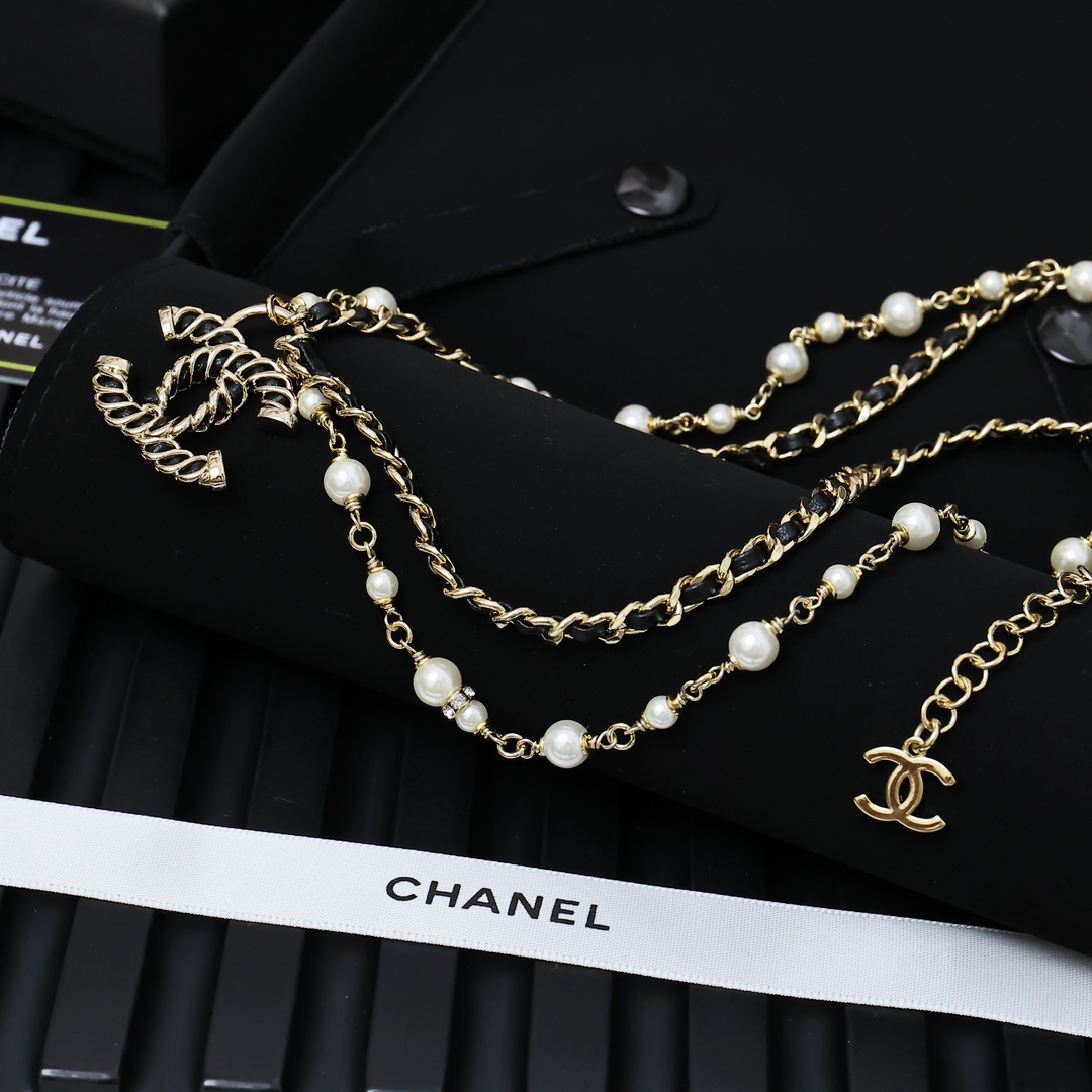 Chanel24K皮穿黑金双层珍珠项链 5