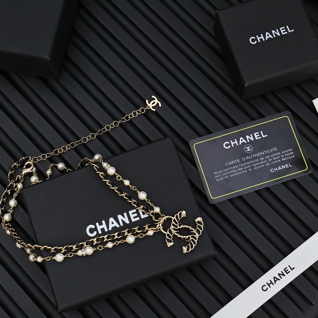 Chanel24K皮穿黑金双层珍珠项链 6