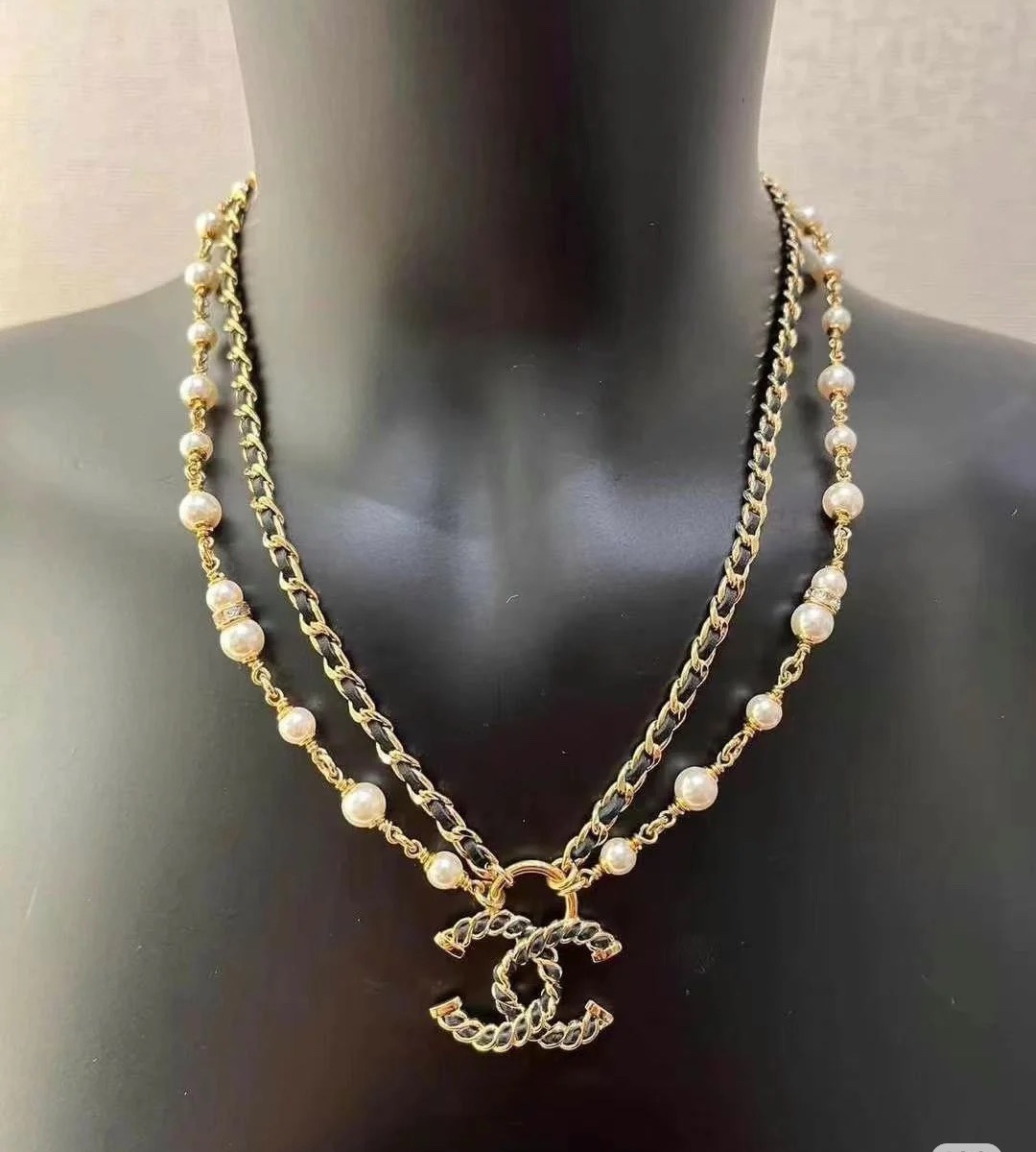 Chanel24K皮穿黑金双层珍珠项链 7